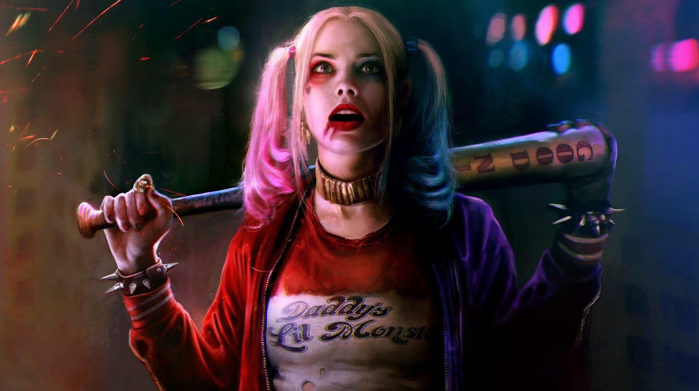 Margot Robbie, Harley Quinn, Daddys Lil Monster, Spiked baseball bat — 2220×1243 HD wallpaper