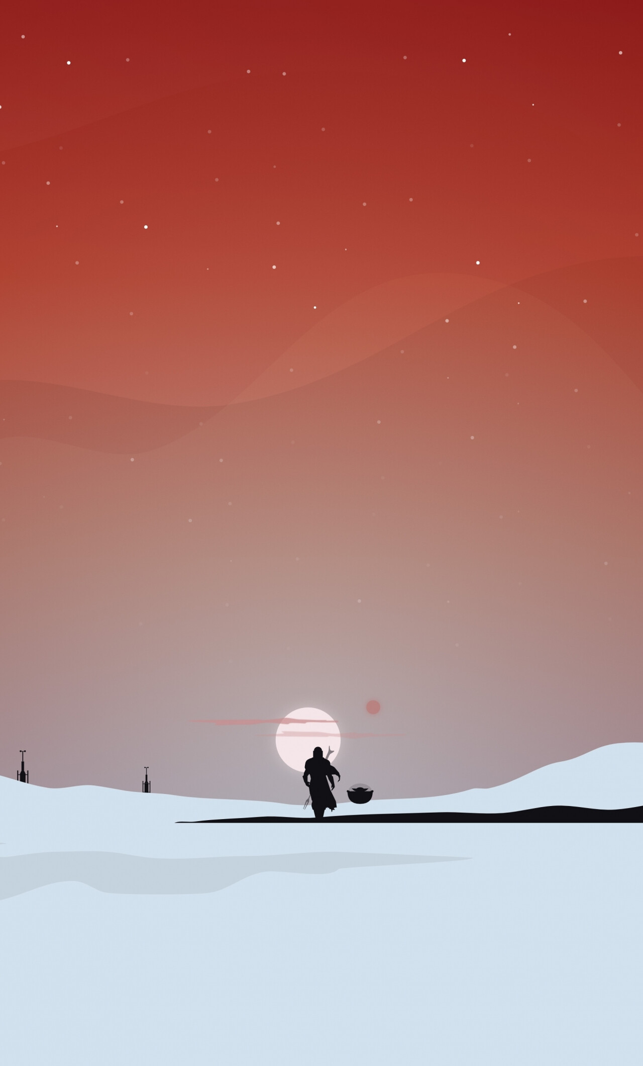 Din Djarin silhouette, Grogu, The Mandalorian, Twin suns sunset — 1280×2120 HD wallpaper