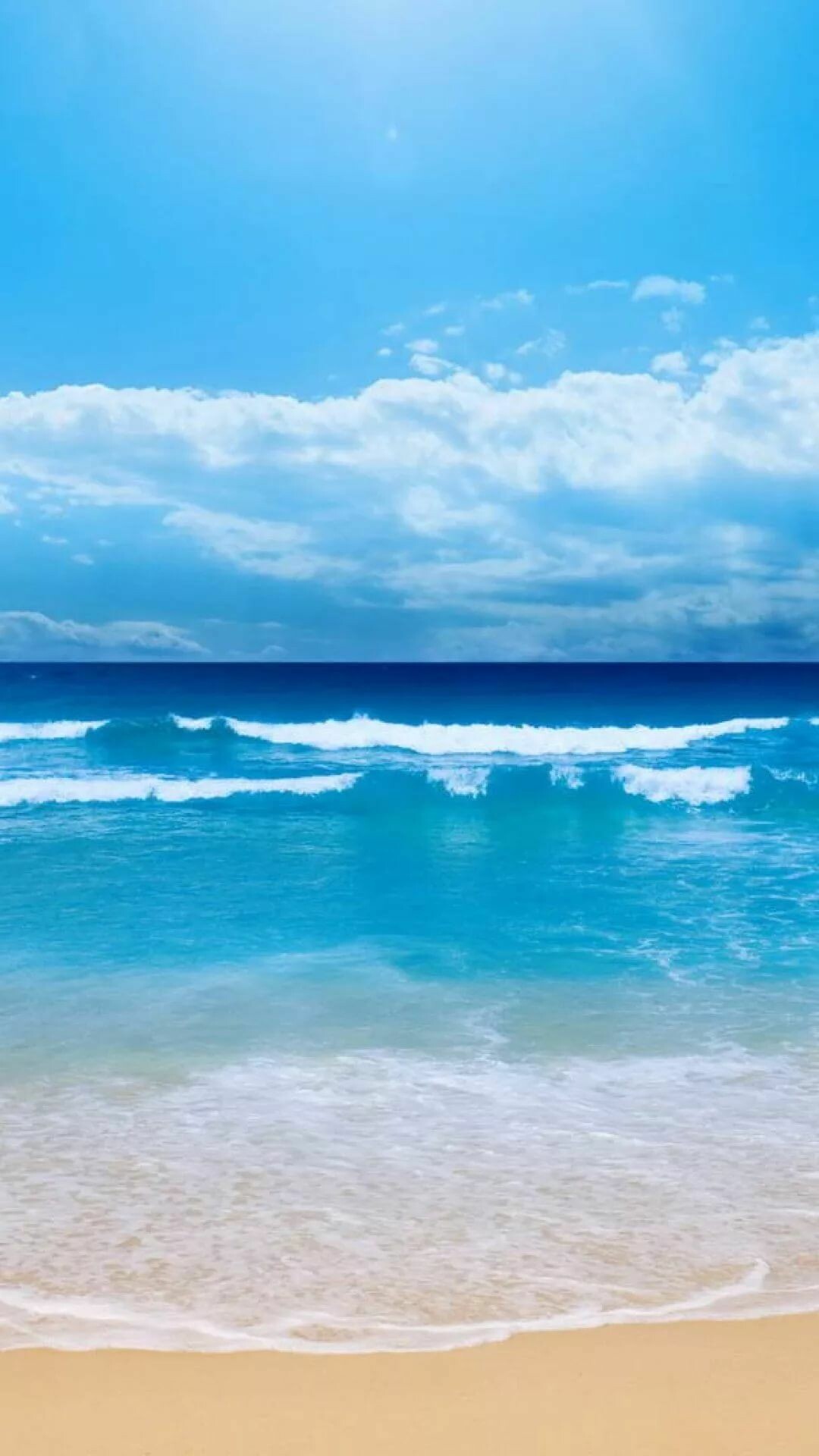 Turquoise ocean waves, Sandy tropical beach, Bright cloudy sky — 1080×1920 HD wallpaper