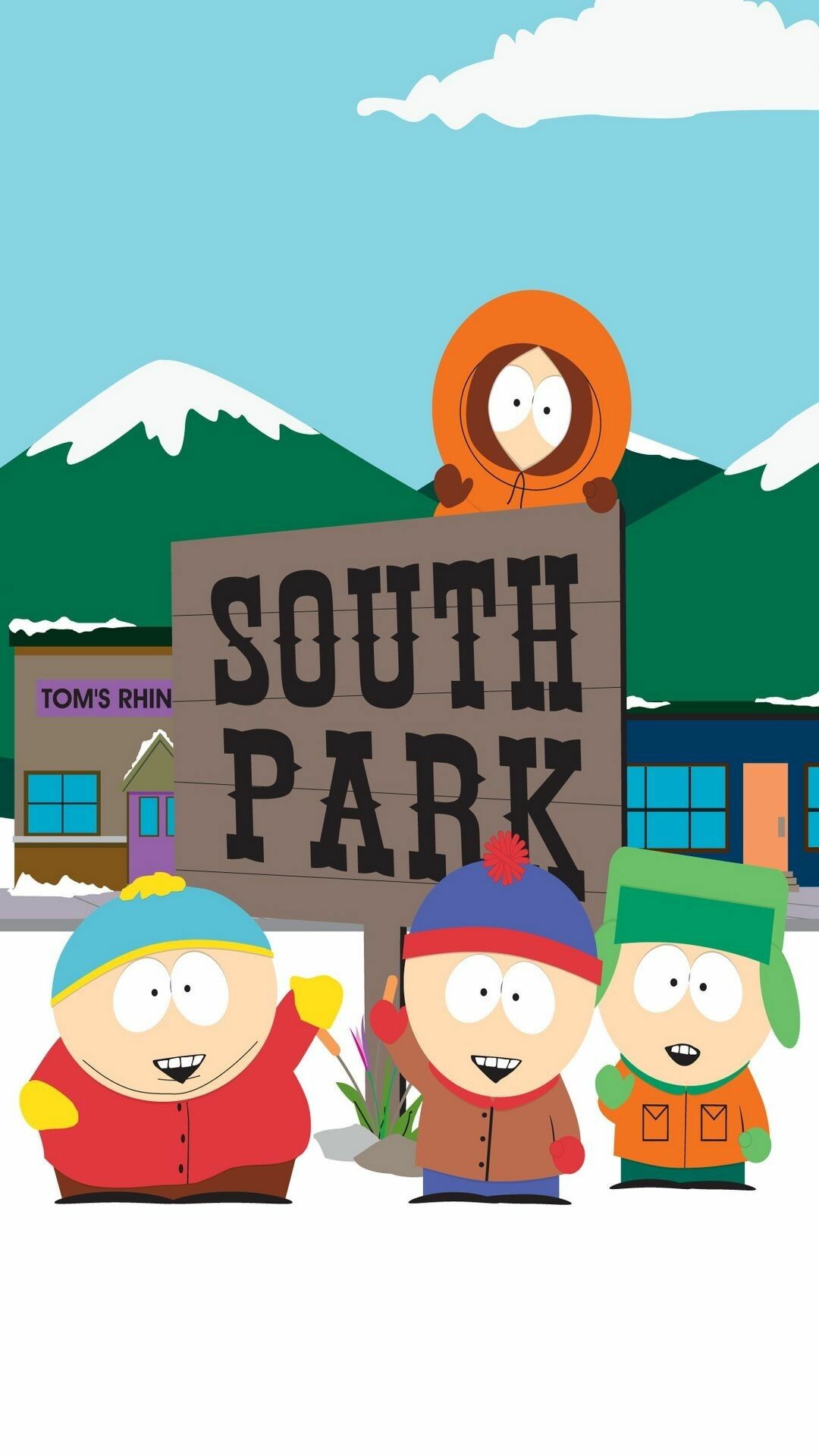 Cartman Stan Kyle Kenny, South Park town sign, Tom's Rhinoplasty building, Snowy mountain backdrop — 1080×1920 HD wallpaper
