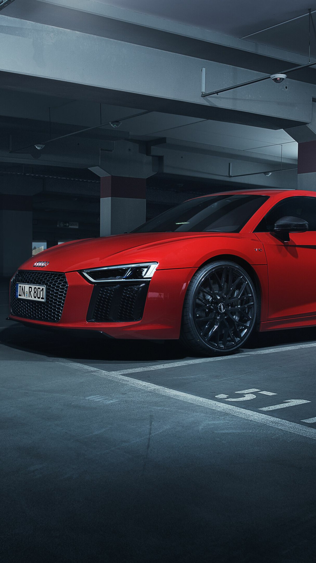 Red Audi R8 V10, Underground parking garage, Black cross-spoke wheels — 1080×1920 HD wallpaper