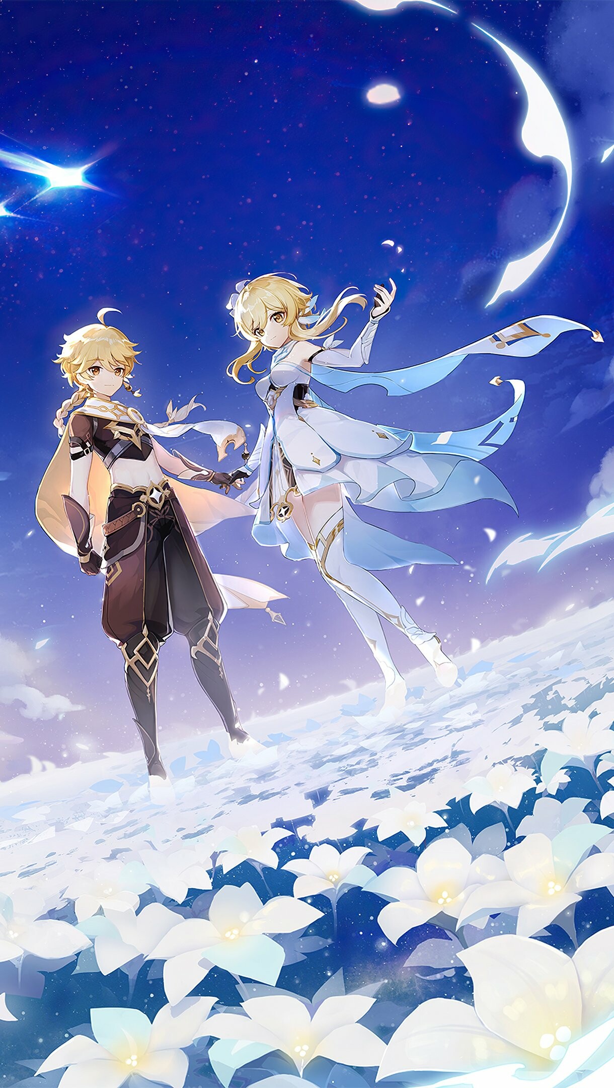 Aether and Lumine, Crescent moon sky, White cecilia flowers — 1220×2160 HD wallpaper