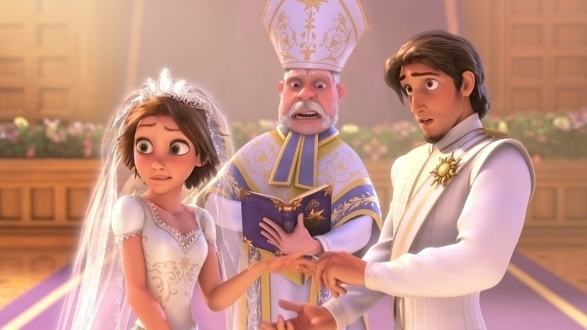 Rapunzel bride, Flynn Rider, Wedding ceremony, Officiating bishop — 1920×1080 HD wallpaper