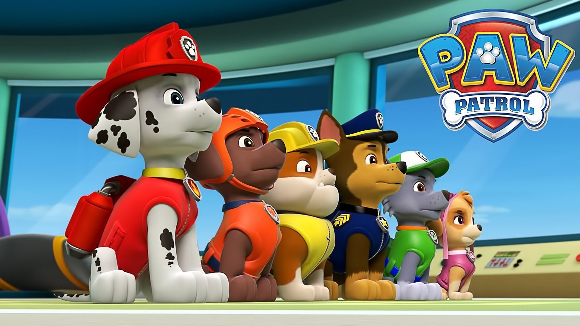 Marshall Dalmatian firefighter pup, Chase police pup, Skye cockapoo pup, Paw Patrol team lineup — 1920×1080 HD wallpaper