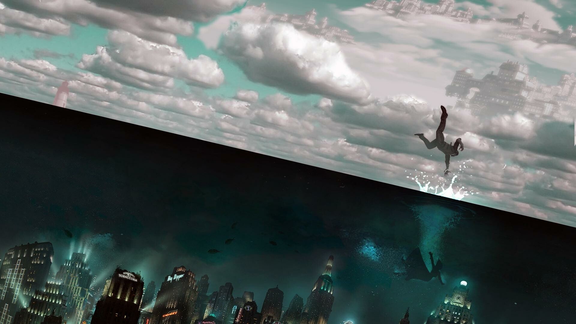 Rapture underwater city, Falling man splash, Columbia clouds — 1920×1080 HD wallpaper