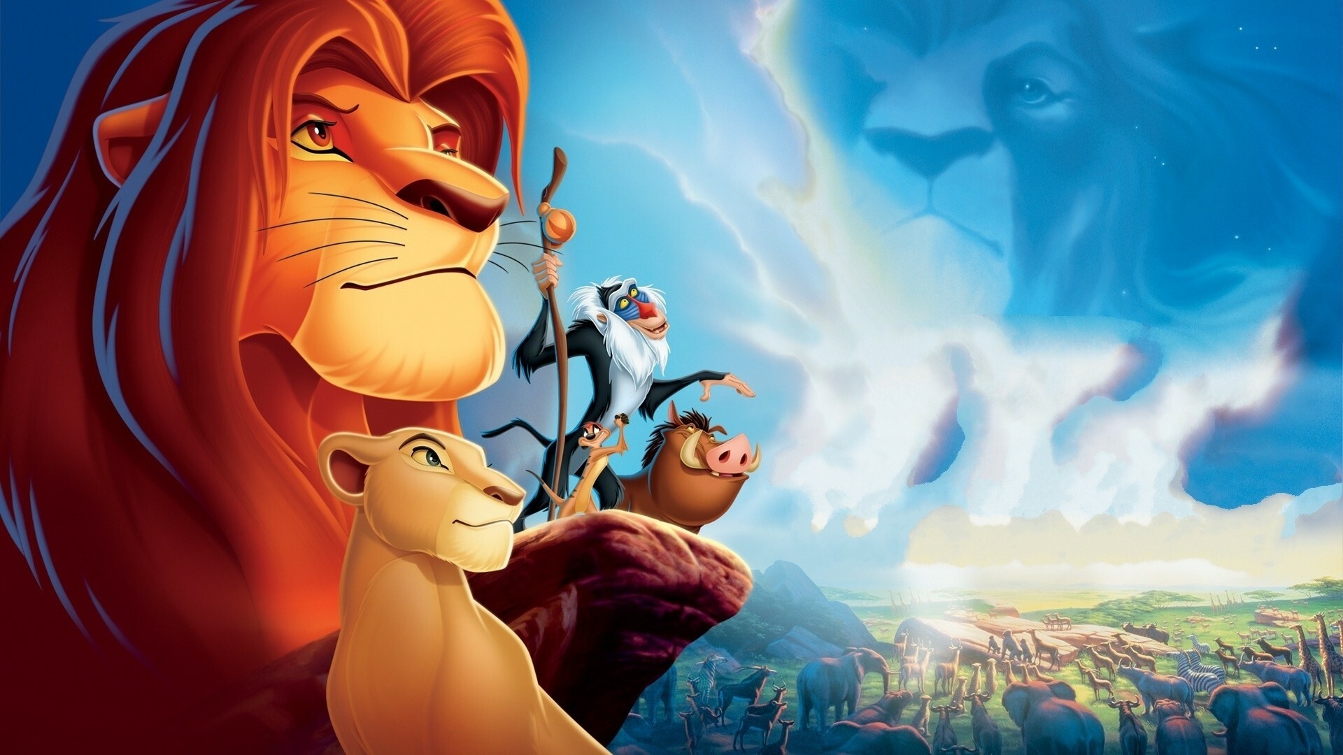 Adult Simba, Nala lioness, Mufasa in the clouds, 1994 animated poster — 1920×1080 HD wallpaper