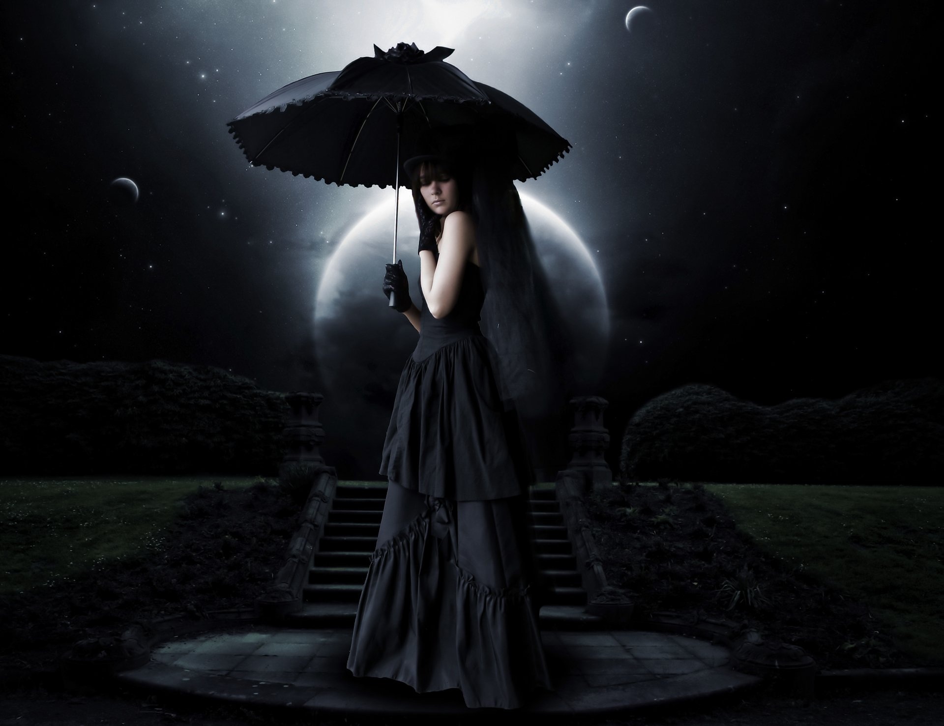 Gothic woman black dress, Black lace parasol, Moonlit stone staircase, Dark starry sky — 1920×1477 HD wallpaper