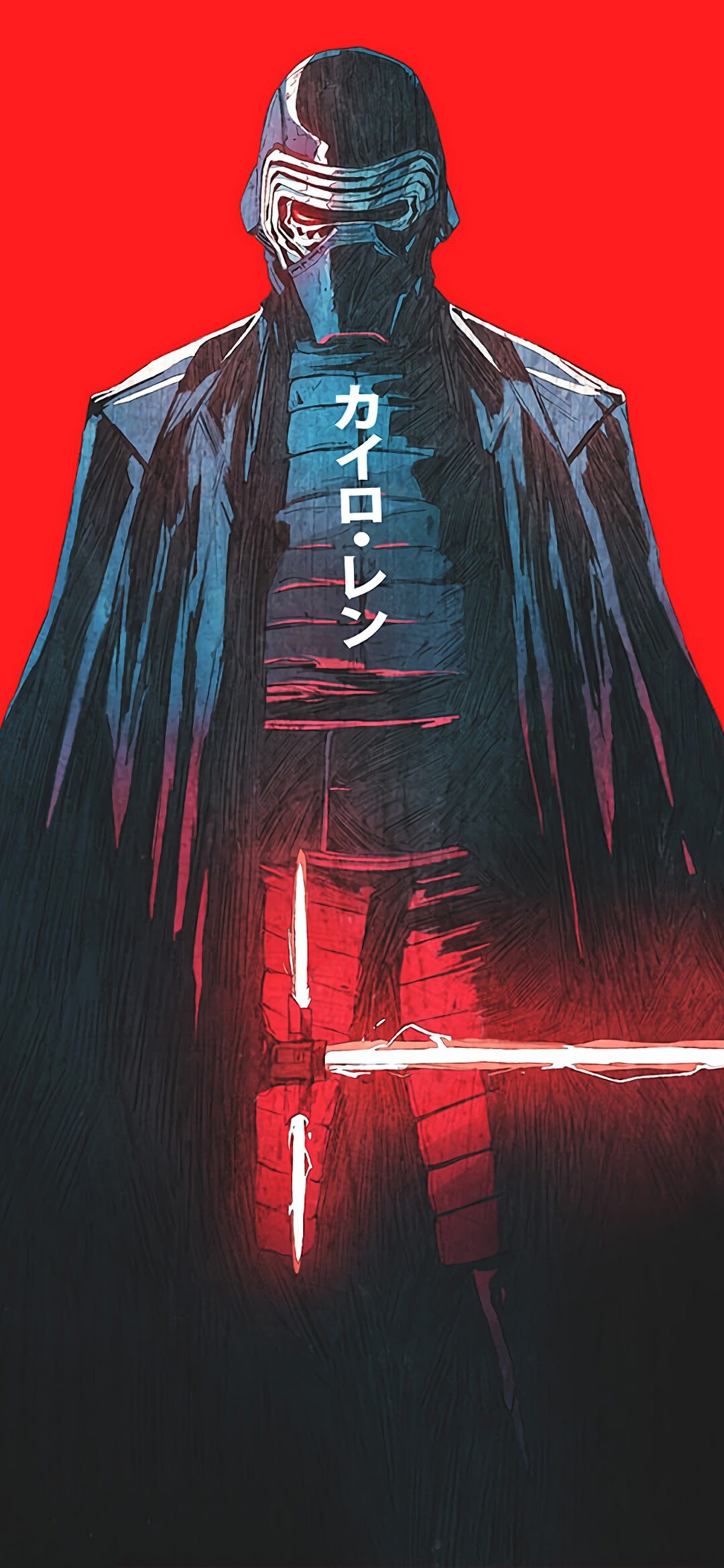 Kylo Ren comic art, Red crossguard lightsaber, Japanese katakana lettering — 1080×2340 HD wallpaper
