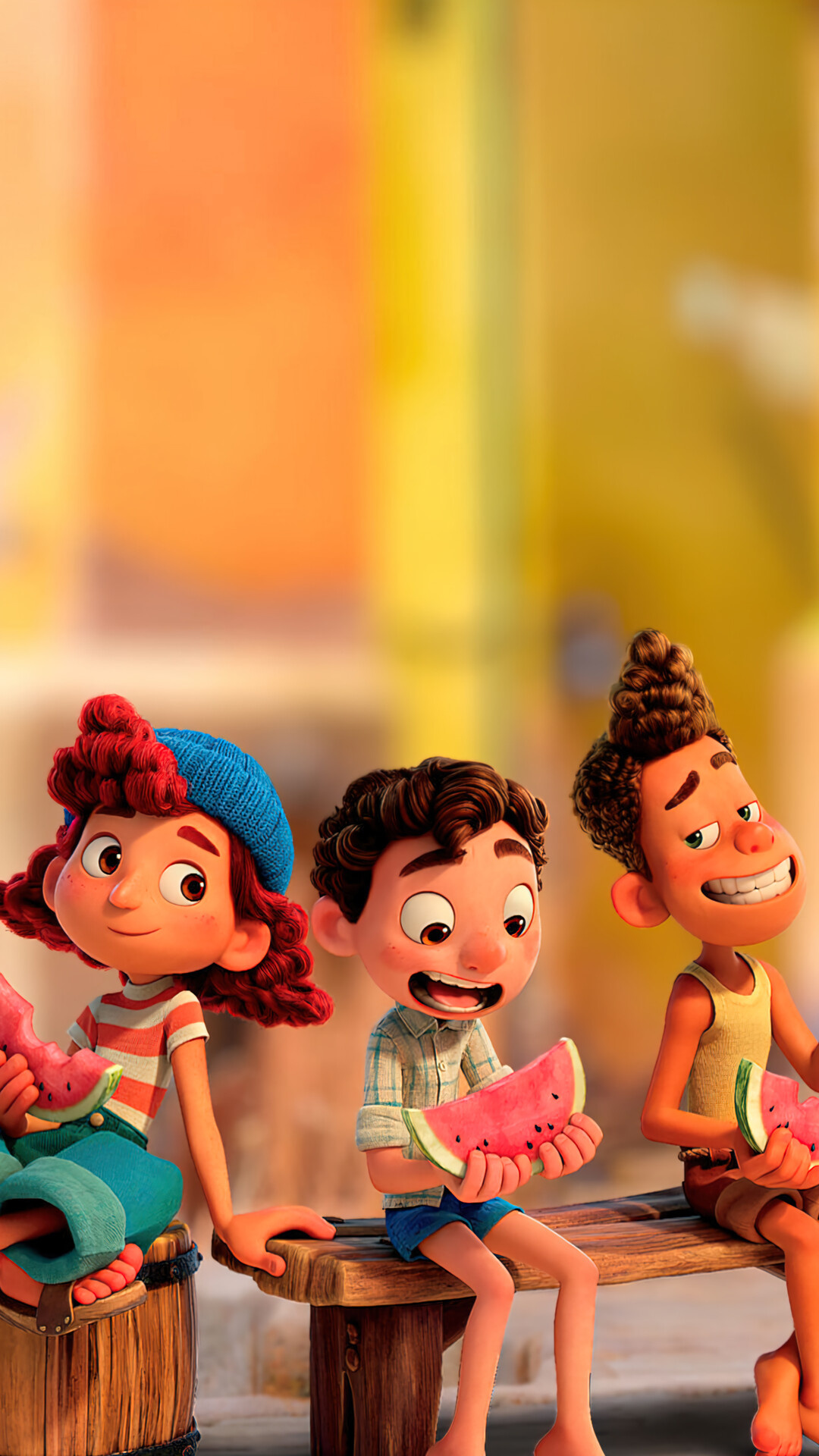 Luca, Alberto, Giulia, Watermelon slices — 1080×1920 HD wallpaper