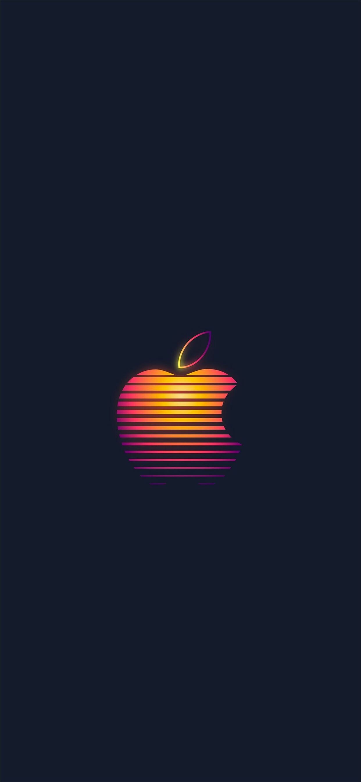Retro striped Apple logo, Neon orange pink gradient, Dark navy background — 1242×2688 HD wallpaper