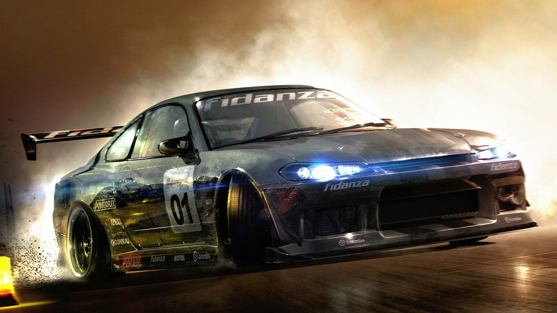 Nissan Silvia S15, Fidanza livery decal, Drifting smoke cloud — 1920×1080 HD wallpaper