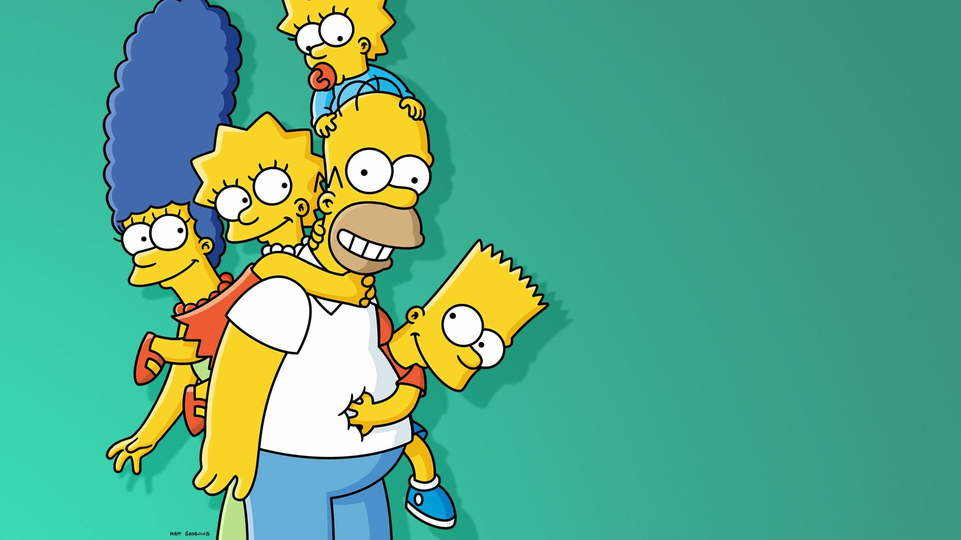 Homer and Marge Simpson, Bart Simpson, Teal green backdrop — 1920×1080 HD wallpaper