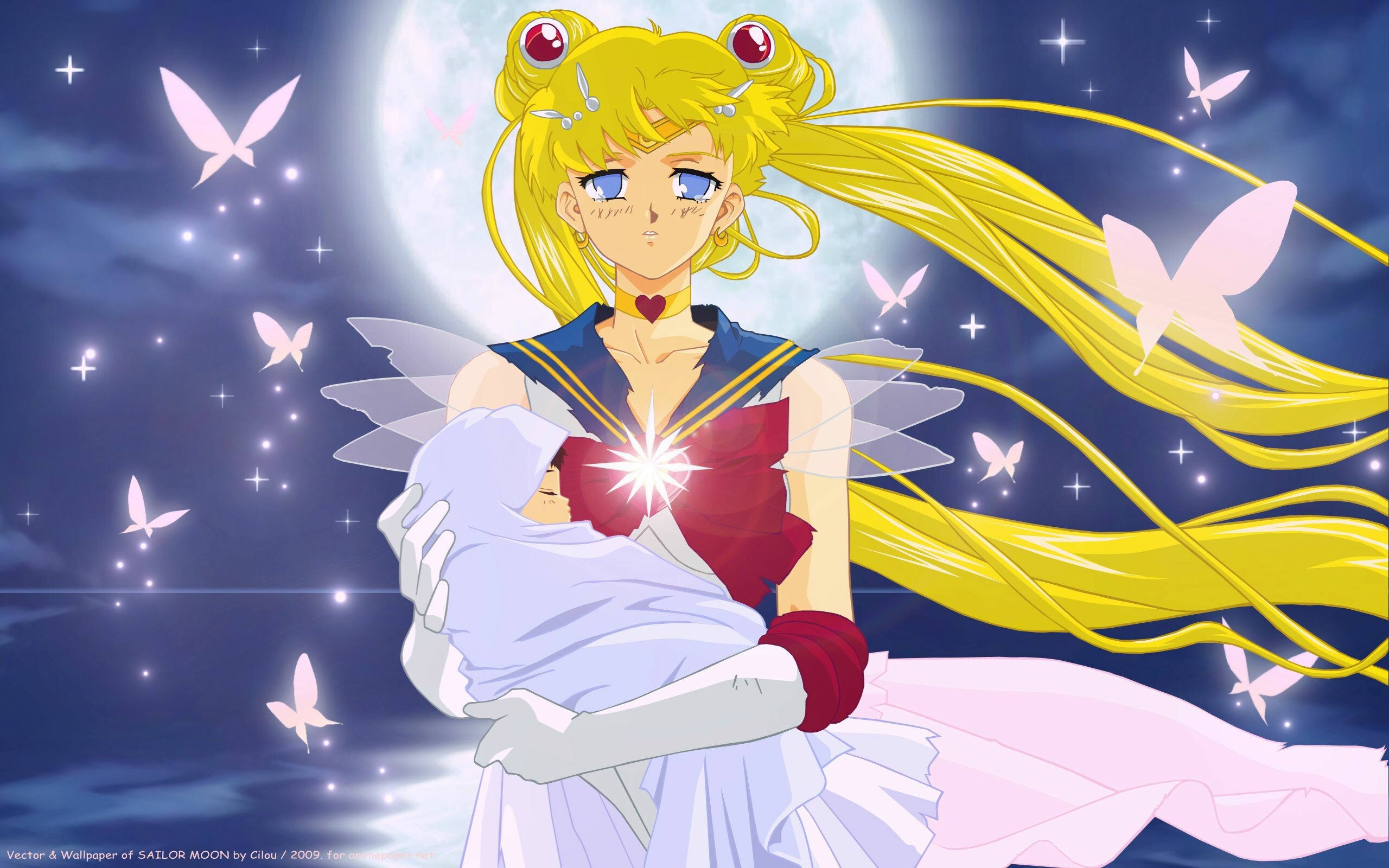 Sailor Moon Usagi, Full moon night sky, White butterflies, Swaddled baby bundle — 2560×1600 HD wallpaper