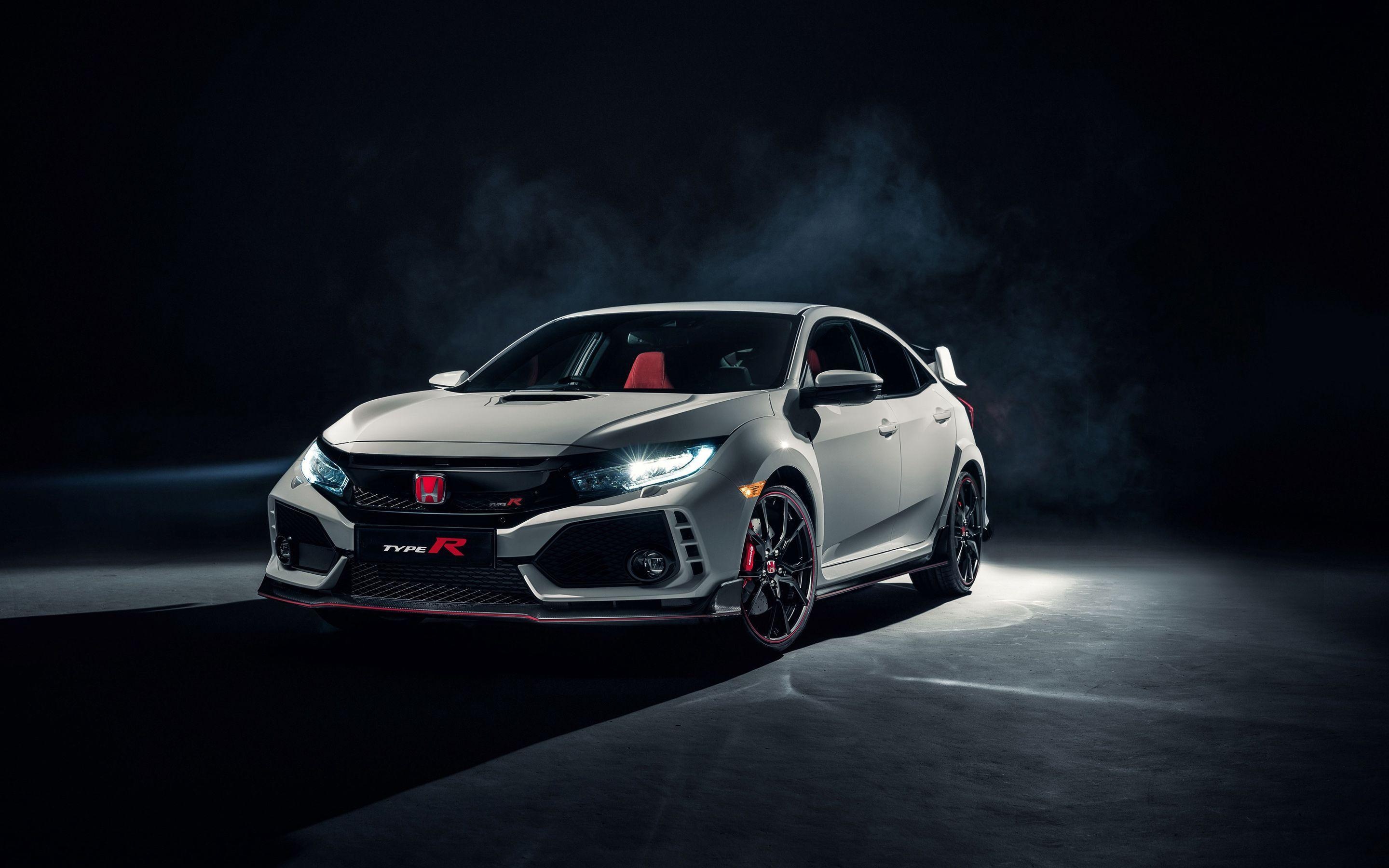 Honda Civic Type R, White hatchback headlights on, Dark studio backdrop — 2880×1800 HD wallpaper