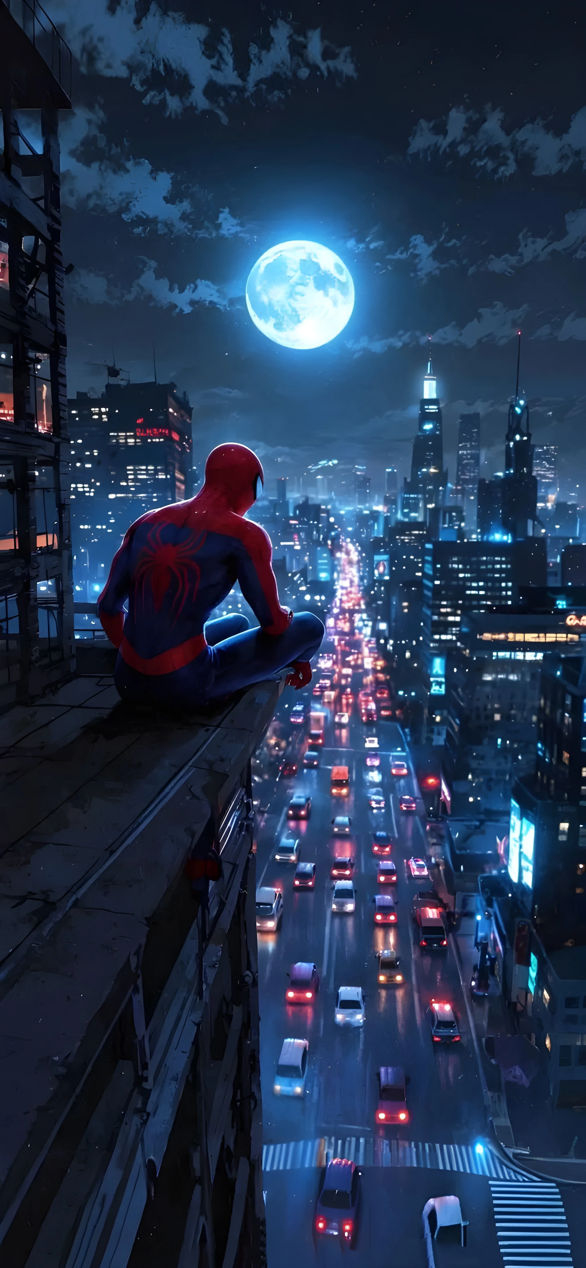 Moonlit Spider-Man Rooftop Wallpaper Moonlit Spider-Man Rooftop Wallpaper — 2048×4428 HD wallpaper