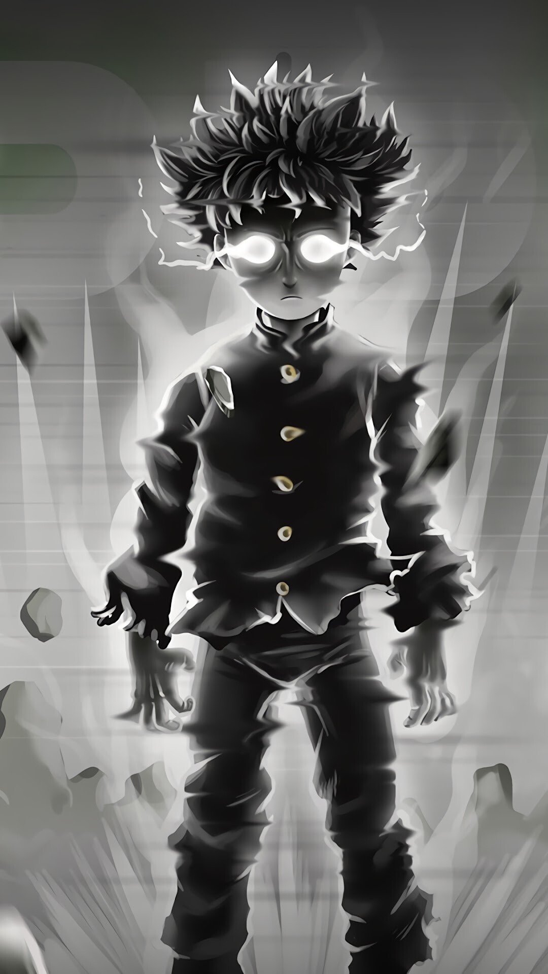 Shigeo Kageyama Mob, Glowing white eyes, Floating debris rocks, Monochrome psychic aura Shigeo Kageyama Mob, Glowing white eyes, Floating debris rocks, Monochrome psychic aura — 1080×1920 HD wallpaper
