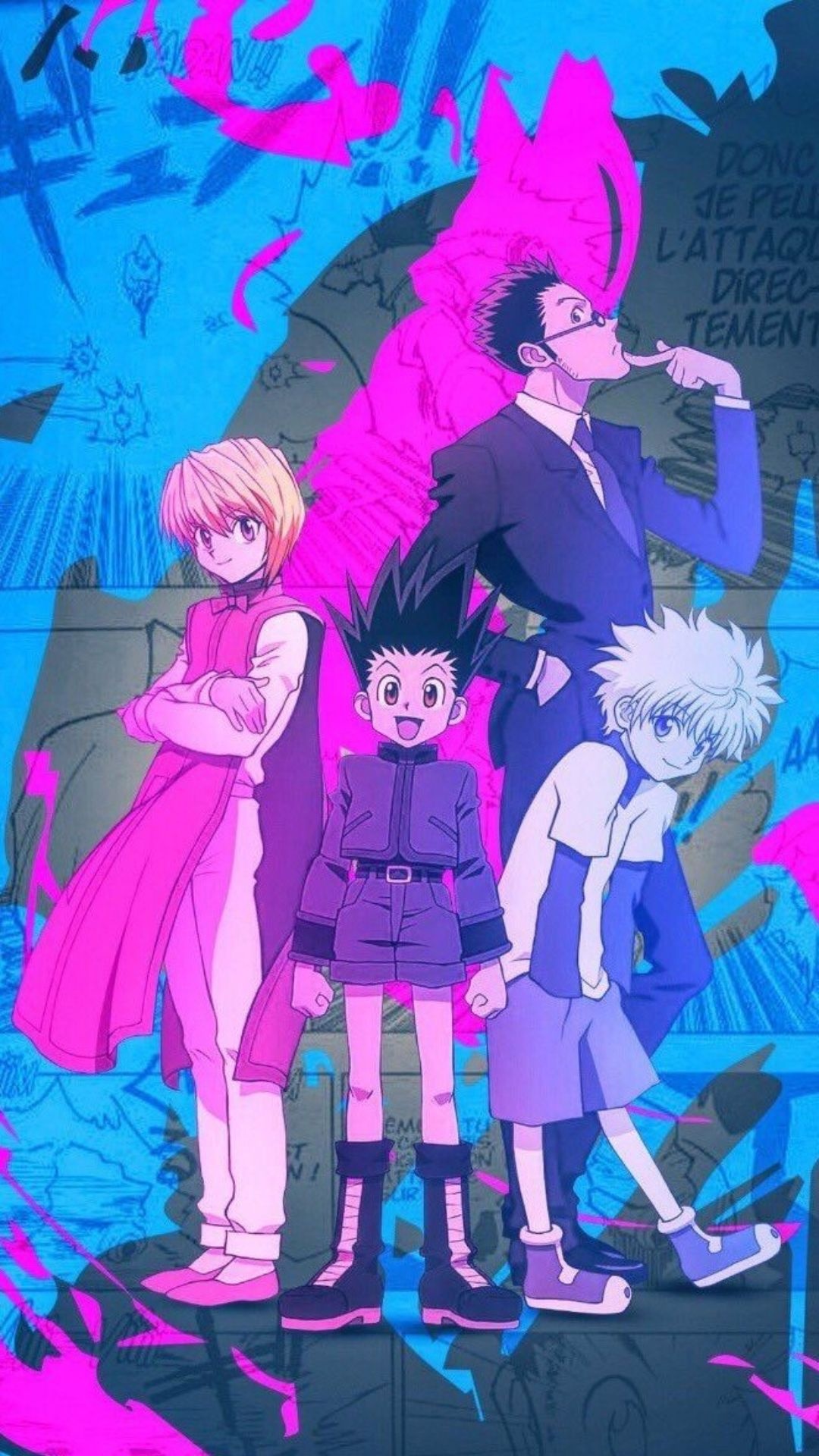 Kurapika, Gon Freecss, Killua Zoldyck, Pink blue pop-art Kurapika, Gon Freecss, Killua Zoldyck, Pink blue pop-art — 1080×1920 HD wallpaper