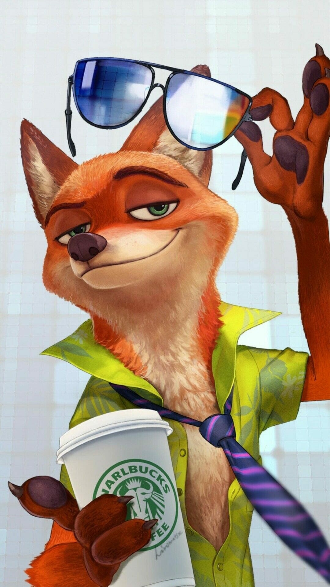 Nick Wilde, Mirrored sunglasses, Starbucks parody cup, Digital fan art Nick Wilde, Mirrored sunglasses, Starbucks parody cup, Digital fan art — 1080×1920 HD wallpaper