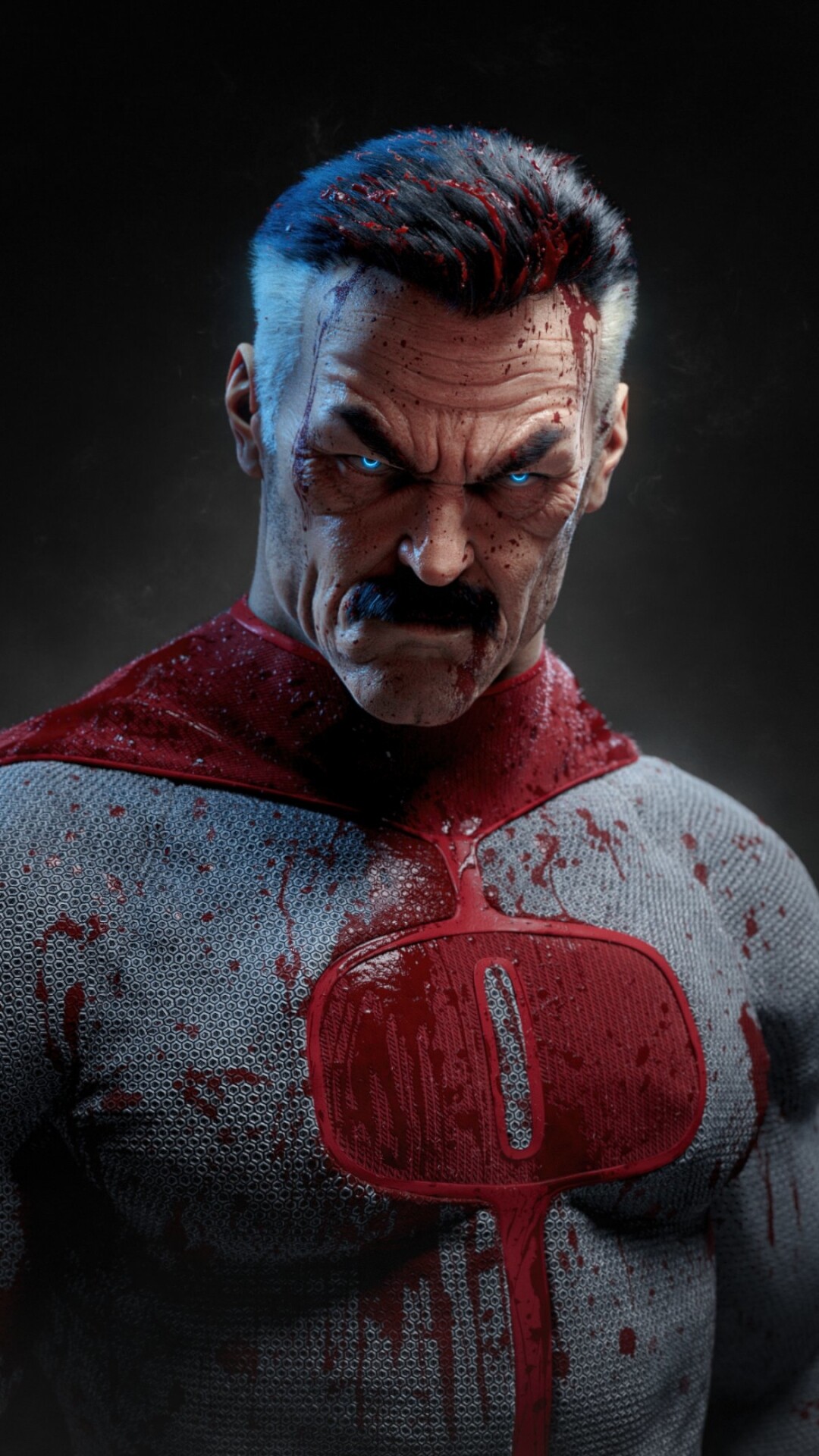 Omni-Man Nolan Grayson, Blood-splattered suit, Glowing blue eyes Omni-Man Nolan Grayson, Blood-splattered suit, Glowing blue eyes — 1080×1920 HD wallpaper