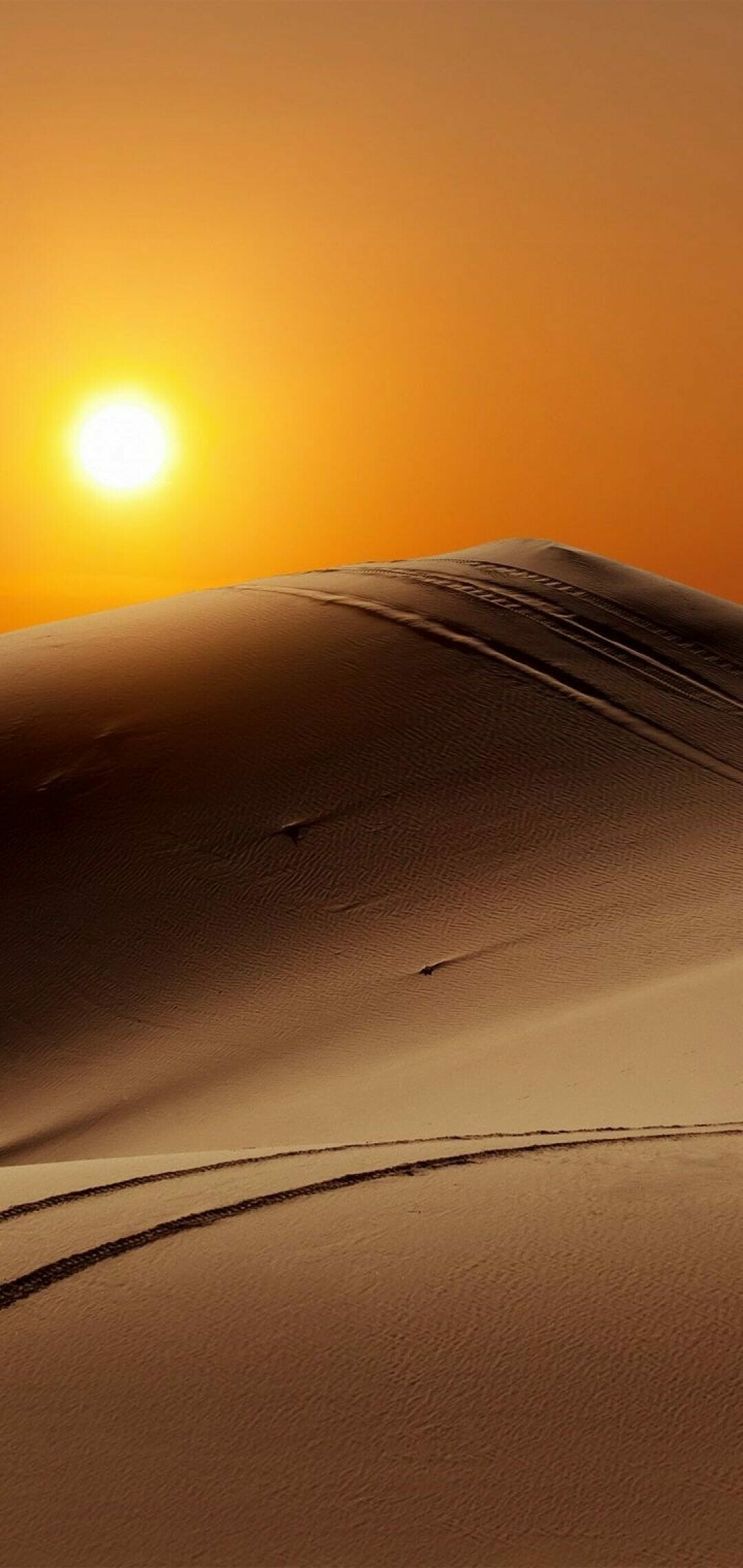 Sun over sand dune, Tire tracks in sand, Orange desert sunset sky Sun over sand dune, Tire tracks in sand, Orange desert sunset sky — 1080×2280 HD wallpaper