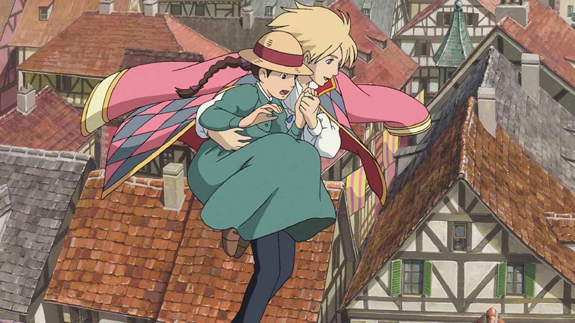 Sophie Hatter, Howl Pendragon, Sky-walking over rooftops, Half-timbered town Sophie Hatter, Howl Pendragon, Sky-walking over rooftops, Half-timbered town — 1920×1080 HD wallpaper