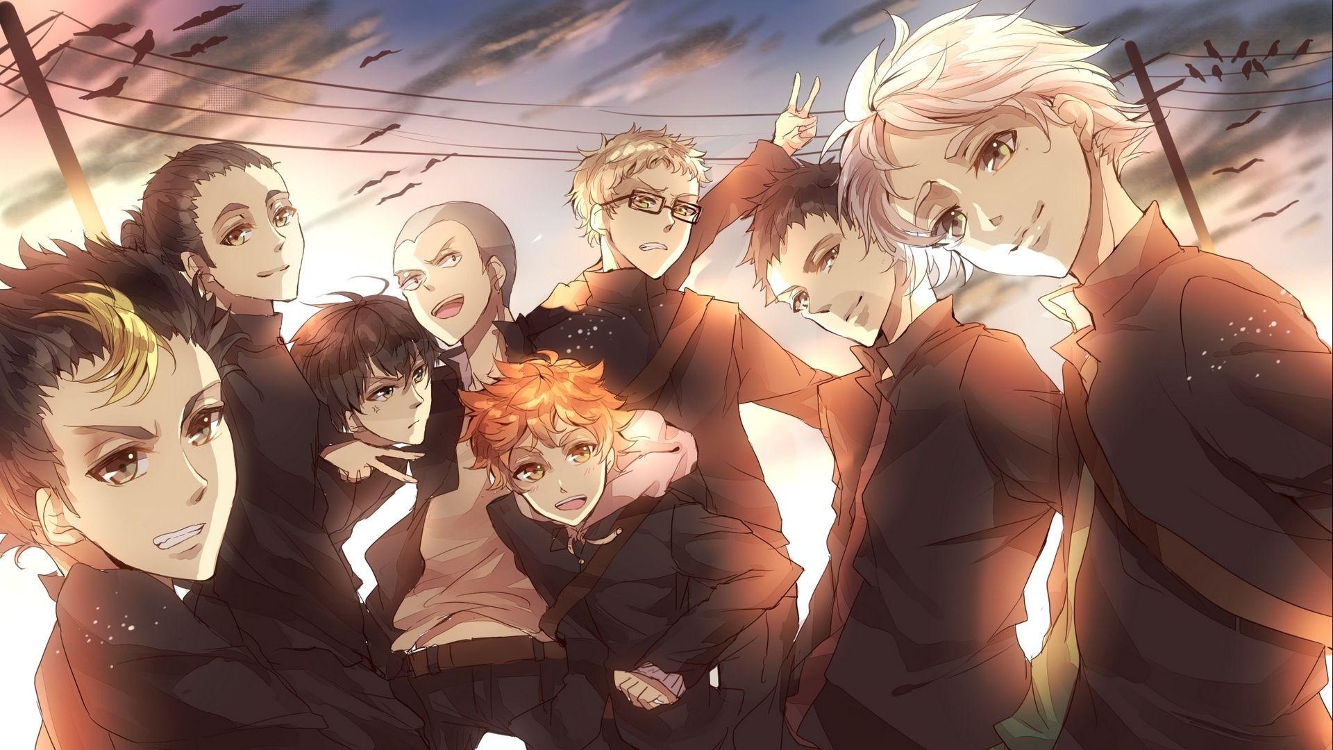 Hinata and Kageyama, Tsukishima glasses, Karasuno team, Sunset sky birds Hinata and Kageyama, Tsukishima glasses, Karasuno team, Sunset sky birds — 1920×1080 HD wallpaper