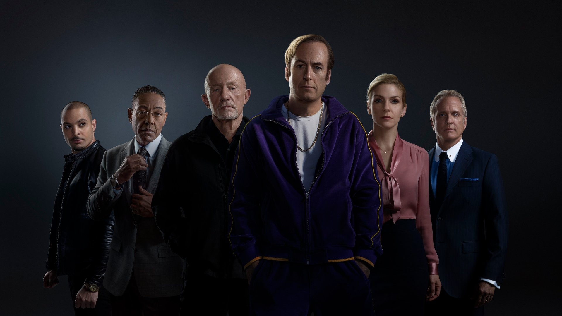 Jimmy McGill purple tracksuit, Gus Fring Mike Ehrmantraut, Kim Wexler Howard Hamlin, Nacho Varga cast portrait Jimmy McGill purple tracksuit, Gus Fring Mike Ehrmantraut, Kim Wexler Howard Hamlin, Nacho Varga cast portrait — 1920×1080 HD wallpaper