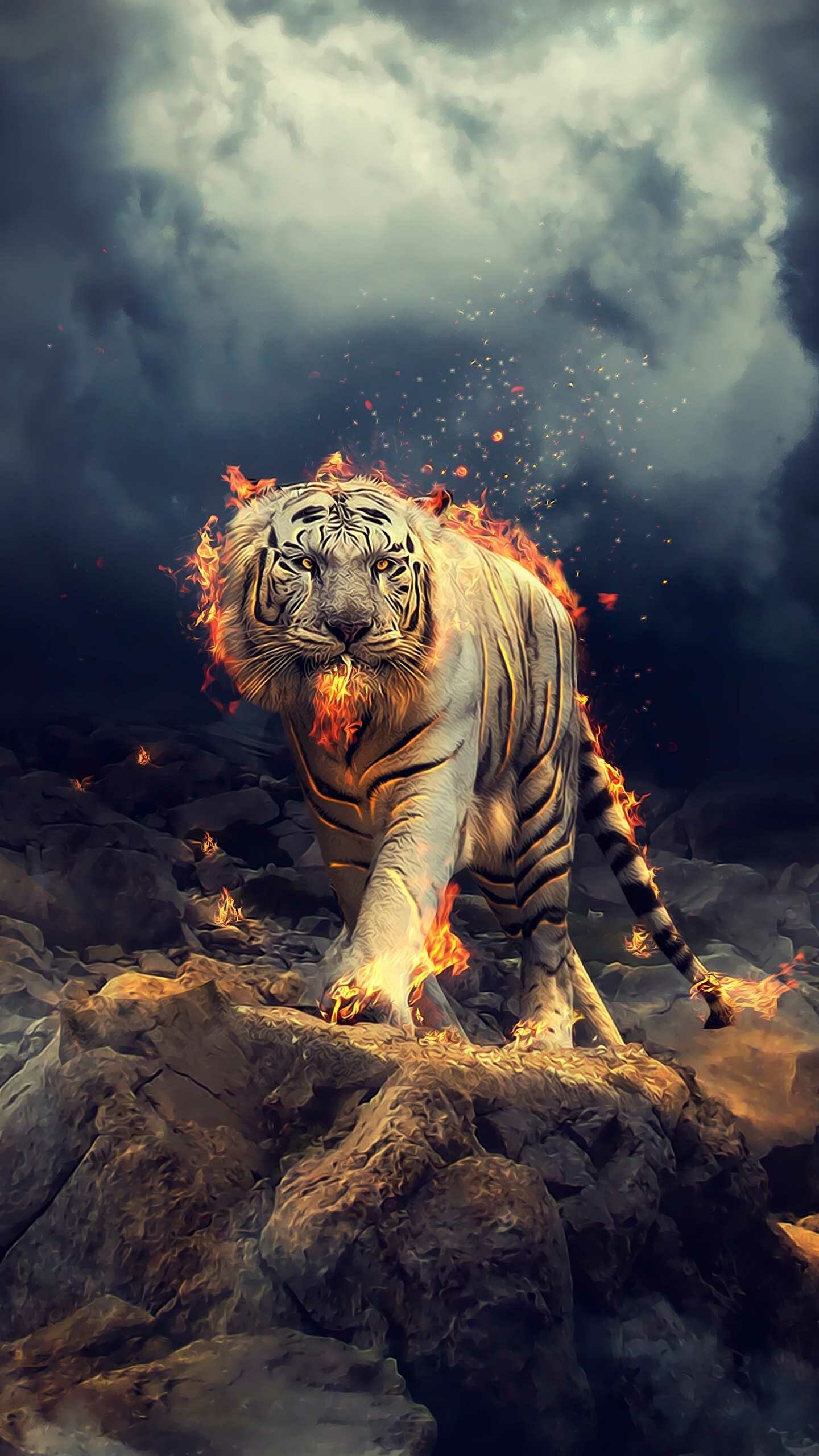 White tiger fantasy, Flame-wreathed prowling, Stormy rocky terrain White tiger fantasy, Flame-wreathed prowling, Stormy rocky terrain — 1440×2560 HD wallpaper
