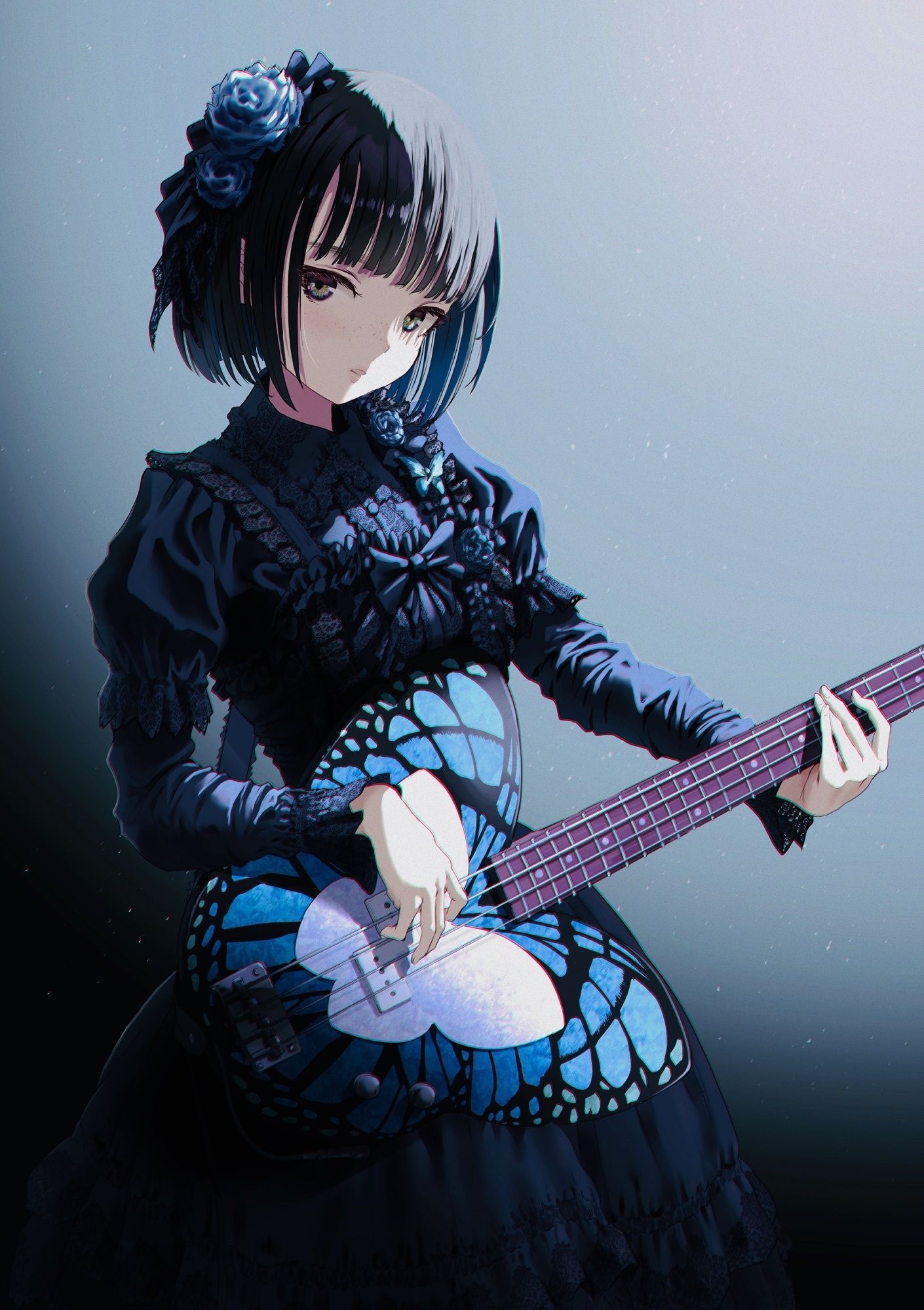 Gothic lolita girl, Butterfly-shaped bass guitar, Blue rose hair ornament Gothic lolita girl, Butterfly-shaped bass guitar, Blue rose hair ornament — 1410×2000 HD wallpaper