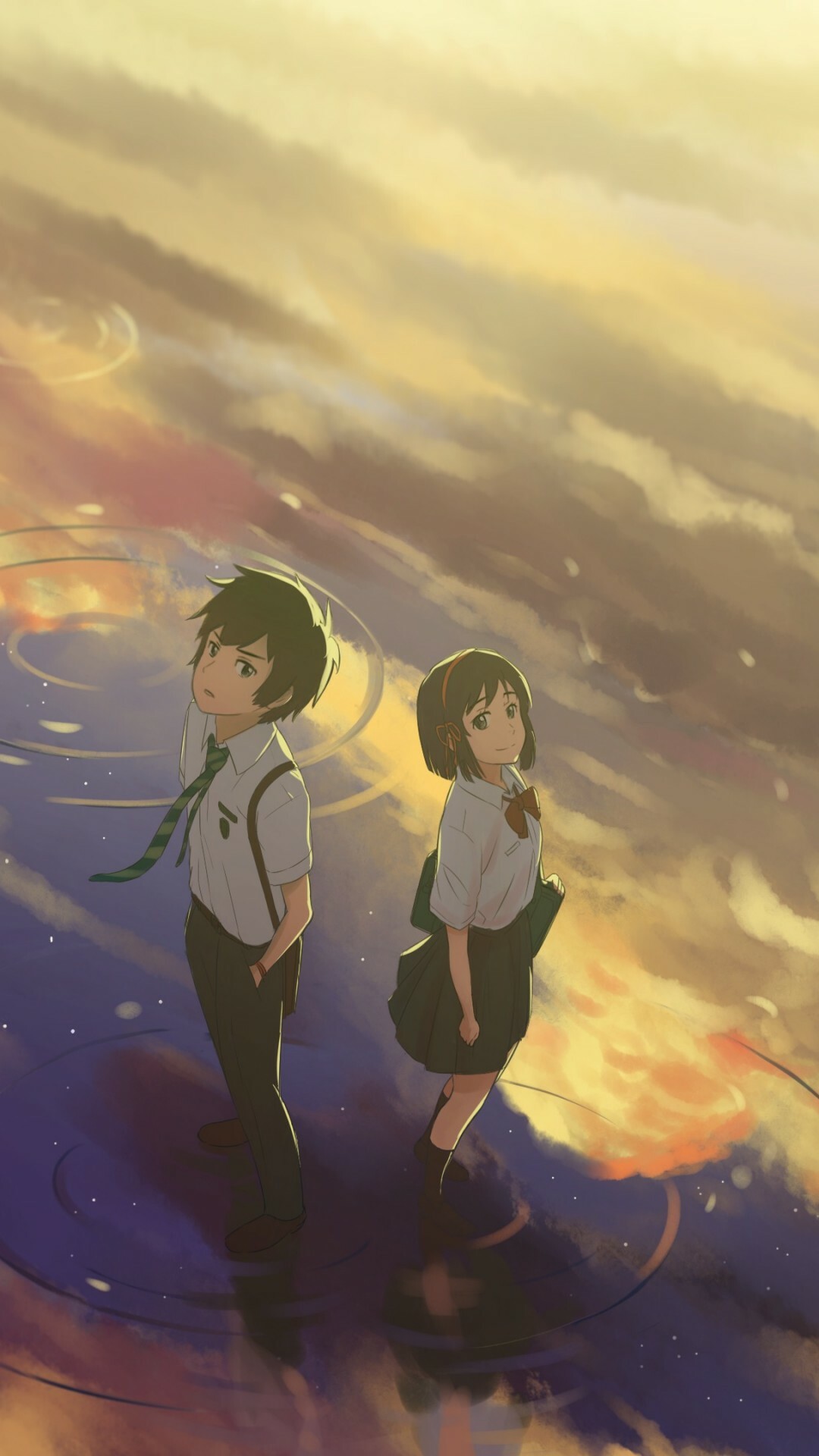 Taki and Mitsuha, Standing on water reflection, Golden sunset clouds Taki and Mitsuha, Standing on water reflection, Golden sunset clouds — 1080×1920 HD wallpaper