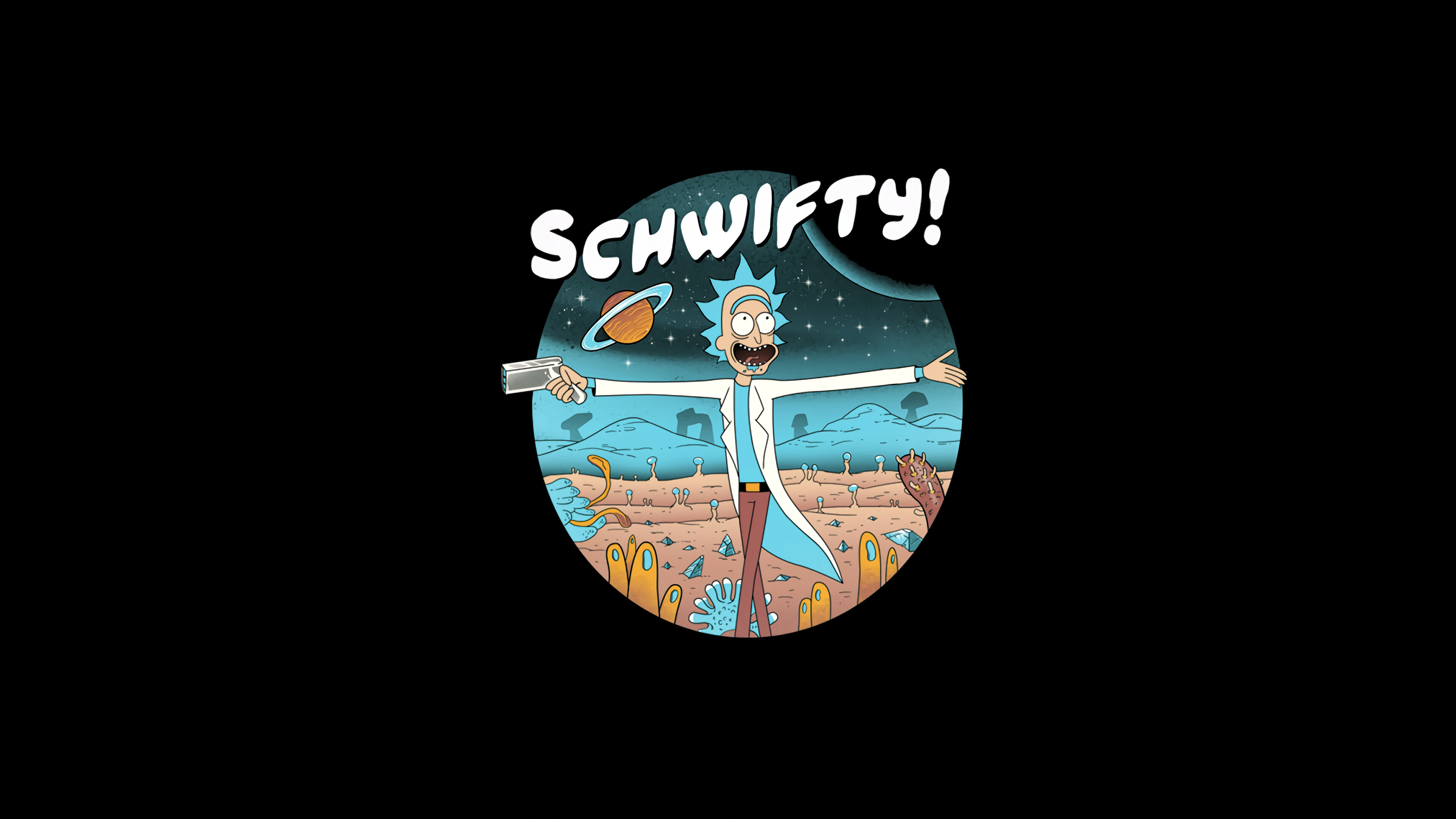 Rick Sanchez, Schwifty text, Portal gun, Alien planet landscape Rick Sanchez, Schwifty text, Portal gun, Alien planet landscape — 3840×2160 HD wallpaper