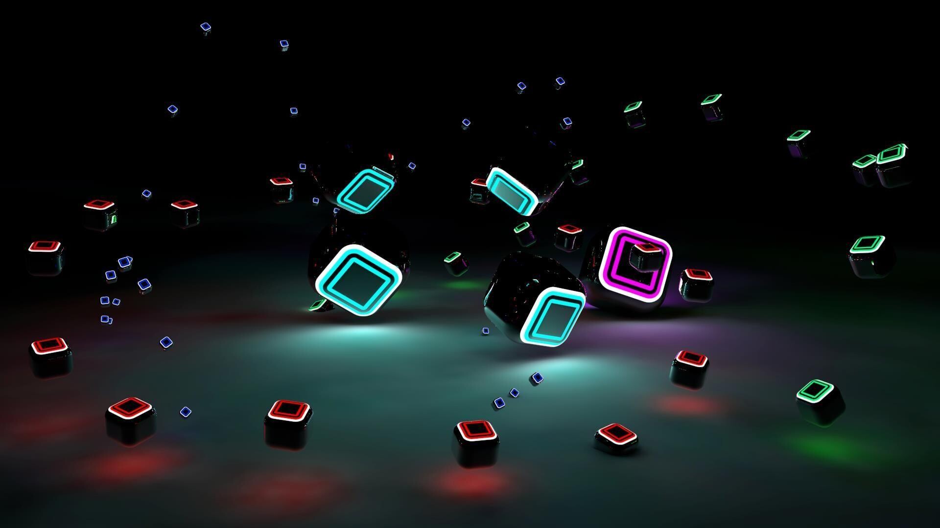 Glowing neon cube outlines, Floating luminescent squares, Dark reflective floor Glowing neon cube outlines, Floating luminescent squares, Dark reflective floor — 1920×1080 HD wallpaper