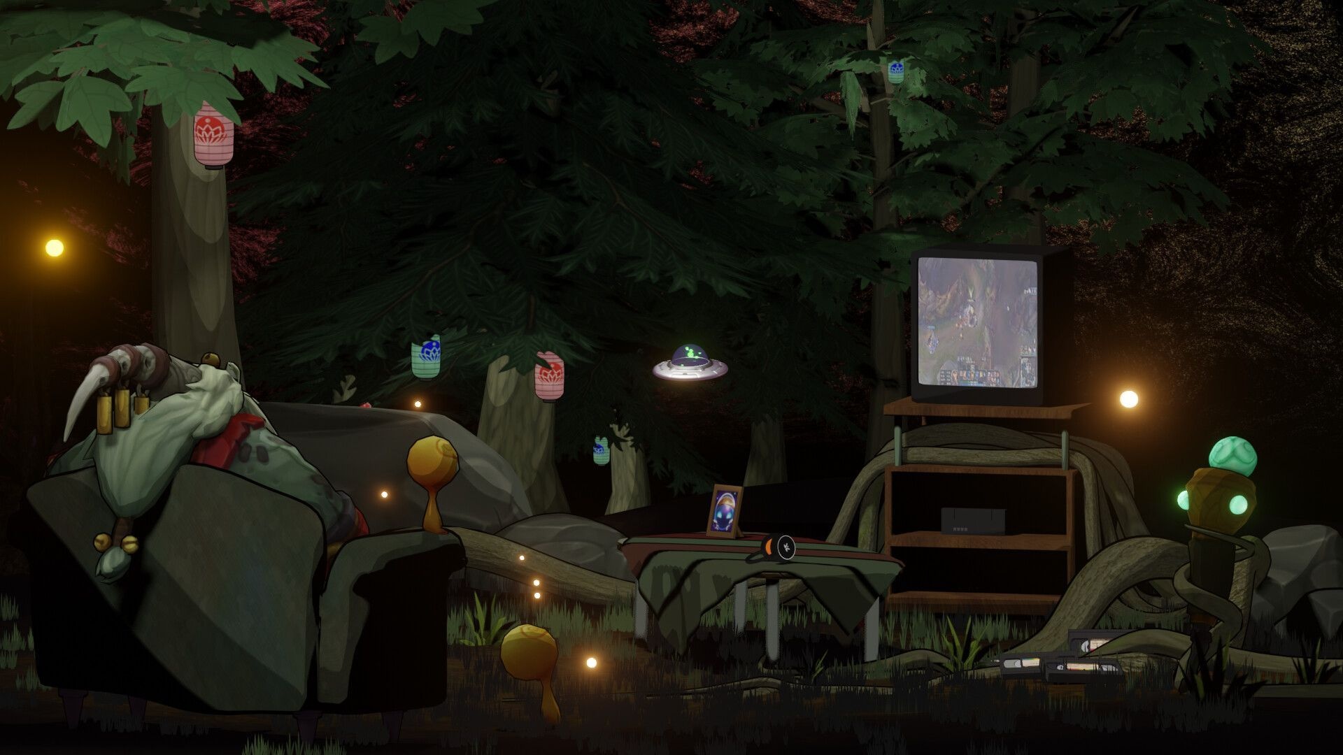 Horned creature armchair, Glowing UFO toy, Forest living room TV, Cyan robot figure Horned creature armchair, Glowing UFO toy, Forest living room TV, Cyan robot figure — 1920×1080 HD wallpaper