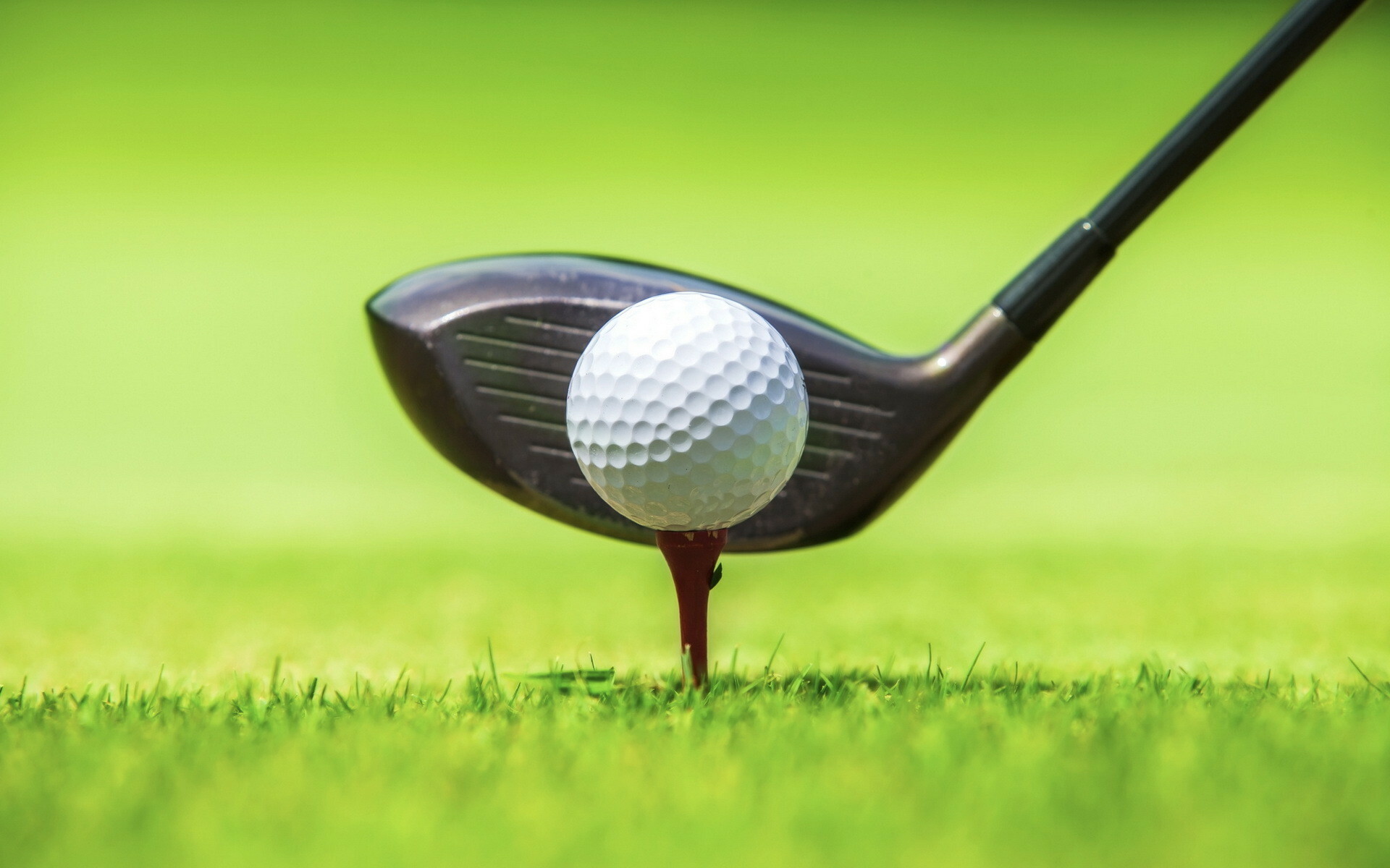 Dimpled white golf ball, Black driver clubhead, Red tee in grass Dimpled white golf ball, Black driver clubhead, Red tee in grass — 1920×1200 HD wallpaper