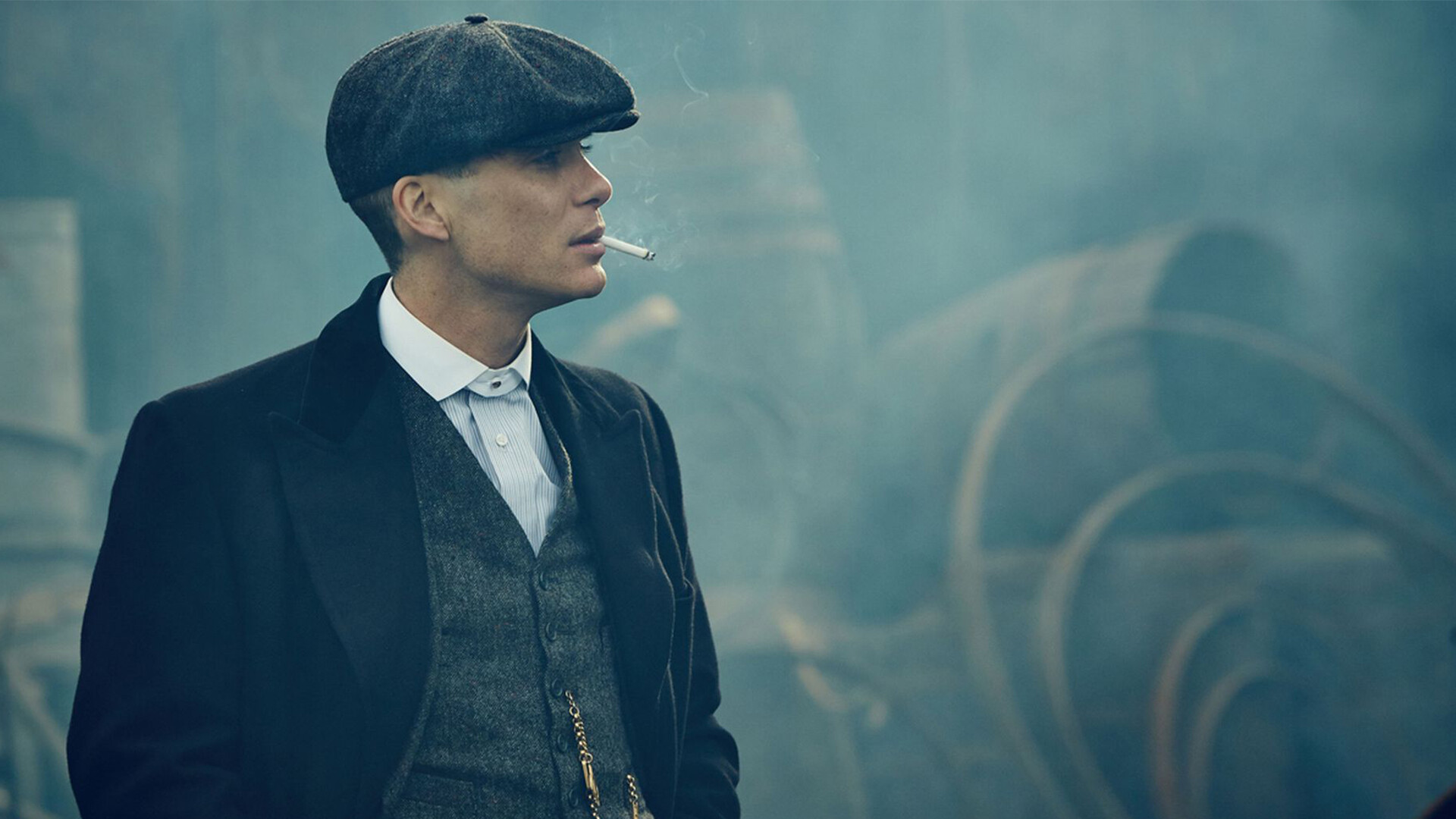 Thomas Shelby (Cillian Murphy), Peaky Blinders, Flat cap and cigarette, Industrial haze Thomas Shelby (Cillian Murphy), Peaky Blinders, Flat cap and cigarette, Industrial haze — 1920×1080 HD wallpaper