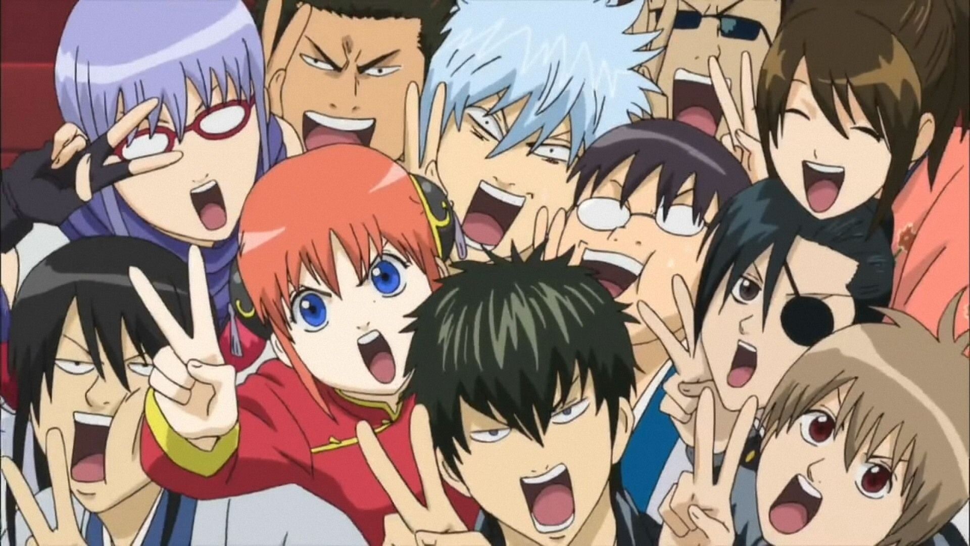Gintoki Sakata, Kagura, Shinpachi Shimura, Yorozuya group selfie Gintoki Sakata, Kagura, Shinpachi Shimura, Yorozuya group selfie — 1920×1080 HD wallpaper