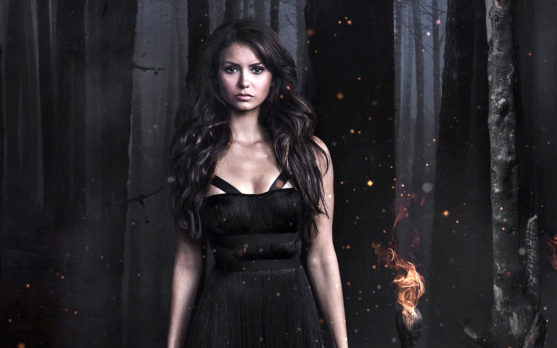 Elena Gilbert, Nina Dobrev, Black dress, Flame ember sparks Elena Gilbert, Nina Dobrev, Black dress, Flame ember sparks — 1920×1200 HD wallpaper