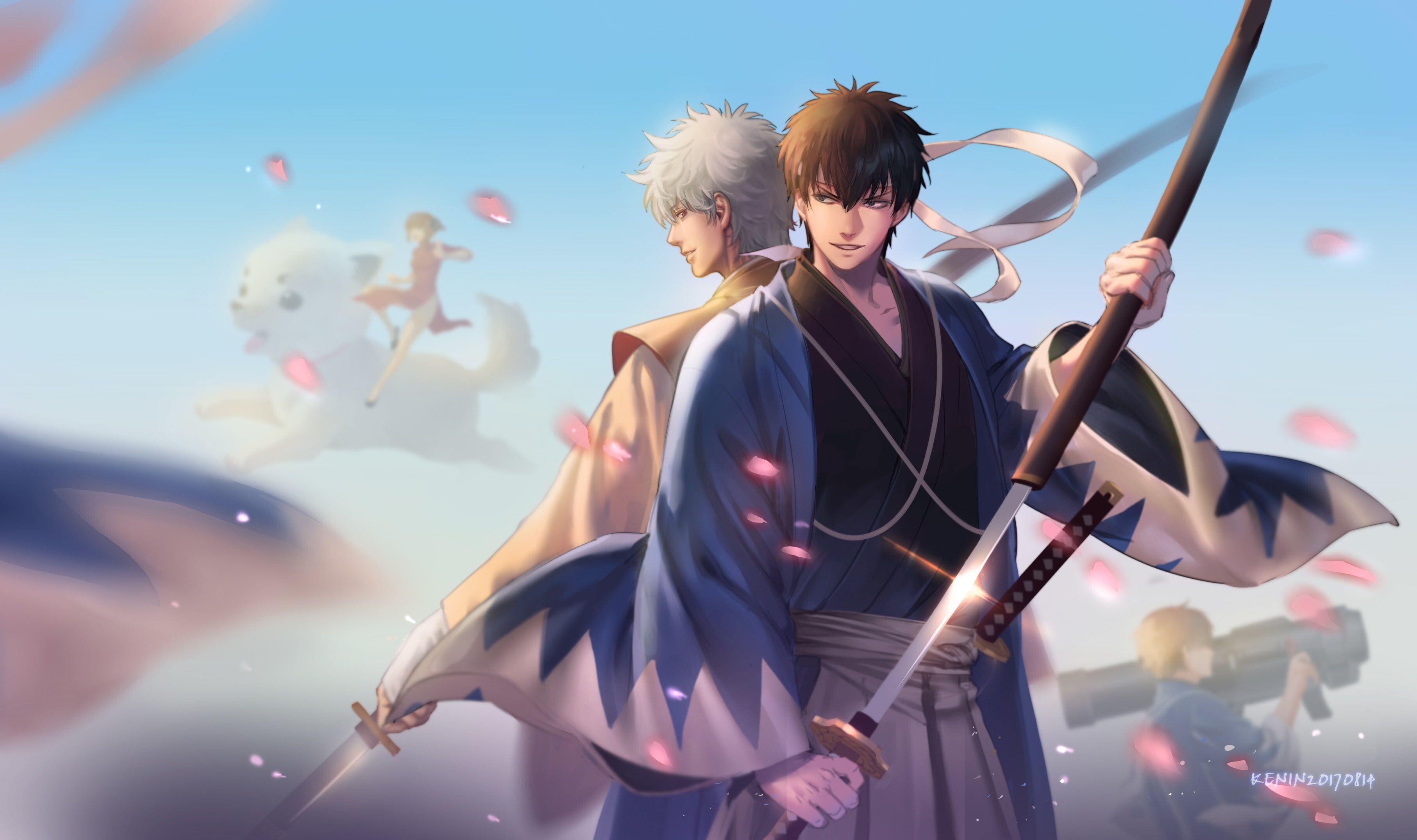 Gintoki Sakata, Shinsuke Takasugi, Kagura riding Sadaharu Gintoki Sakata, Shinsuke Takasugi, Kagura riding Sadaharu — 3627×2151 HD wallpaper
