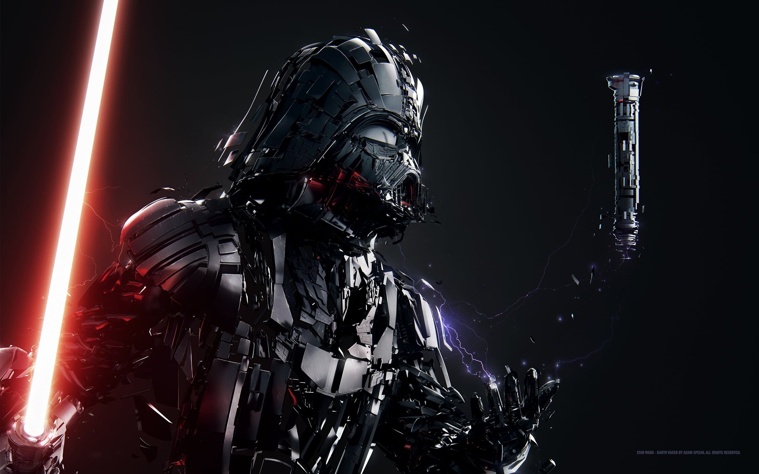 Mechanical Darth Vader redesign, Red lightsaber, Force lightning, Dark studio backdrop Mechanical Darth Vader redesign, Red lightsaber, Force lightning, Dark studio backdrop — 2560×1600 HD wallpaper