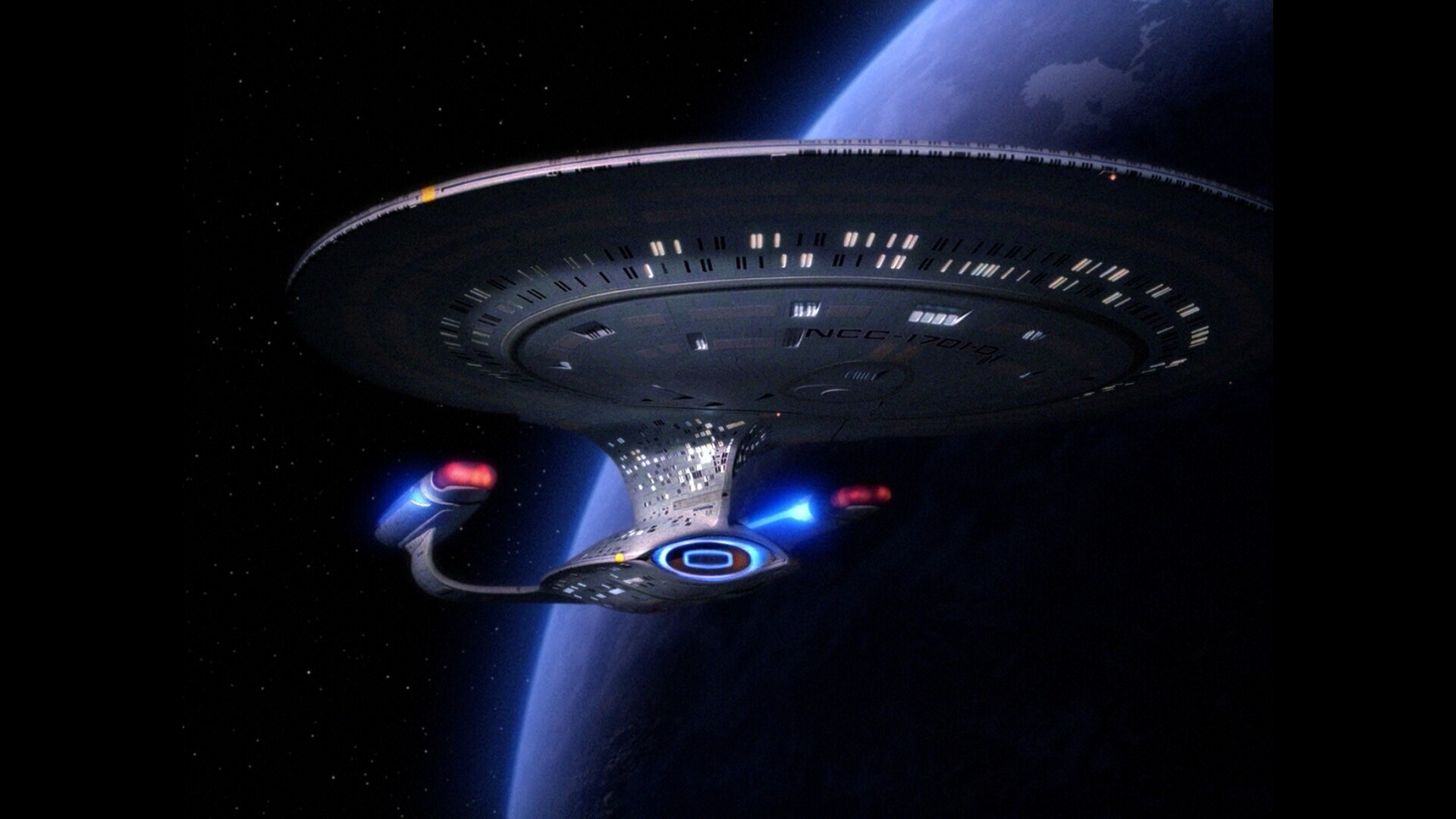 USS Enterprise-D, Blue planet orbit, Deep space starfield USS Enterprise-D, Blue planet orbit, Deep space starfield — 1920×1080 HD wallpaper