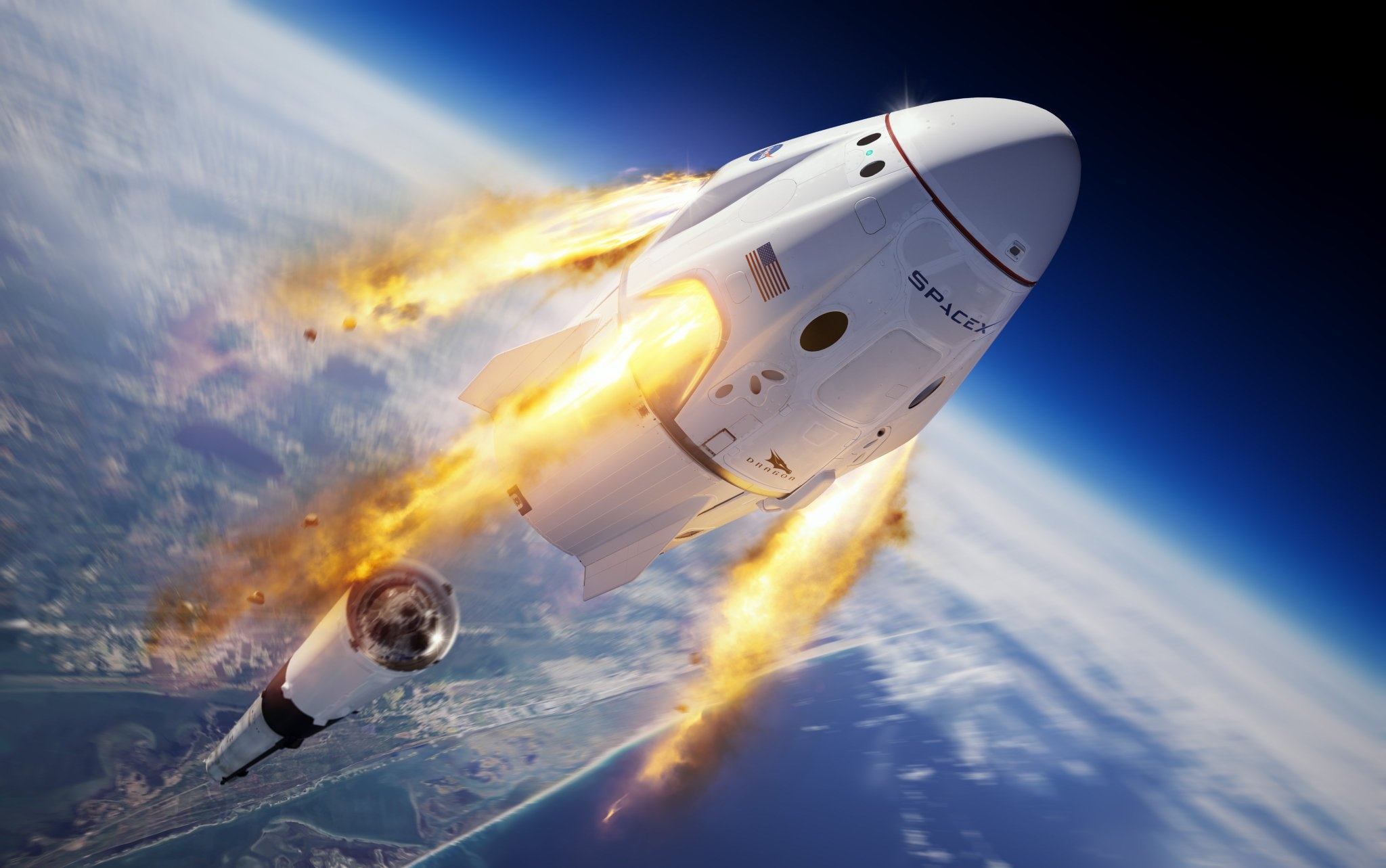 SpaceX Crew Dragon capsule, In-flight abort test, Earth atmosphere view SpaceX Crew Dragon capsule, In-flight abort test, Earth atmosphere view — 2048×1283 HD wallpaper