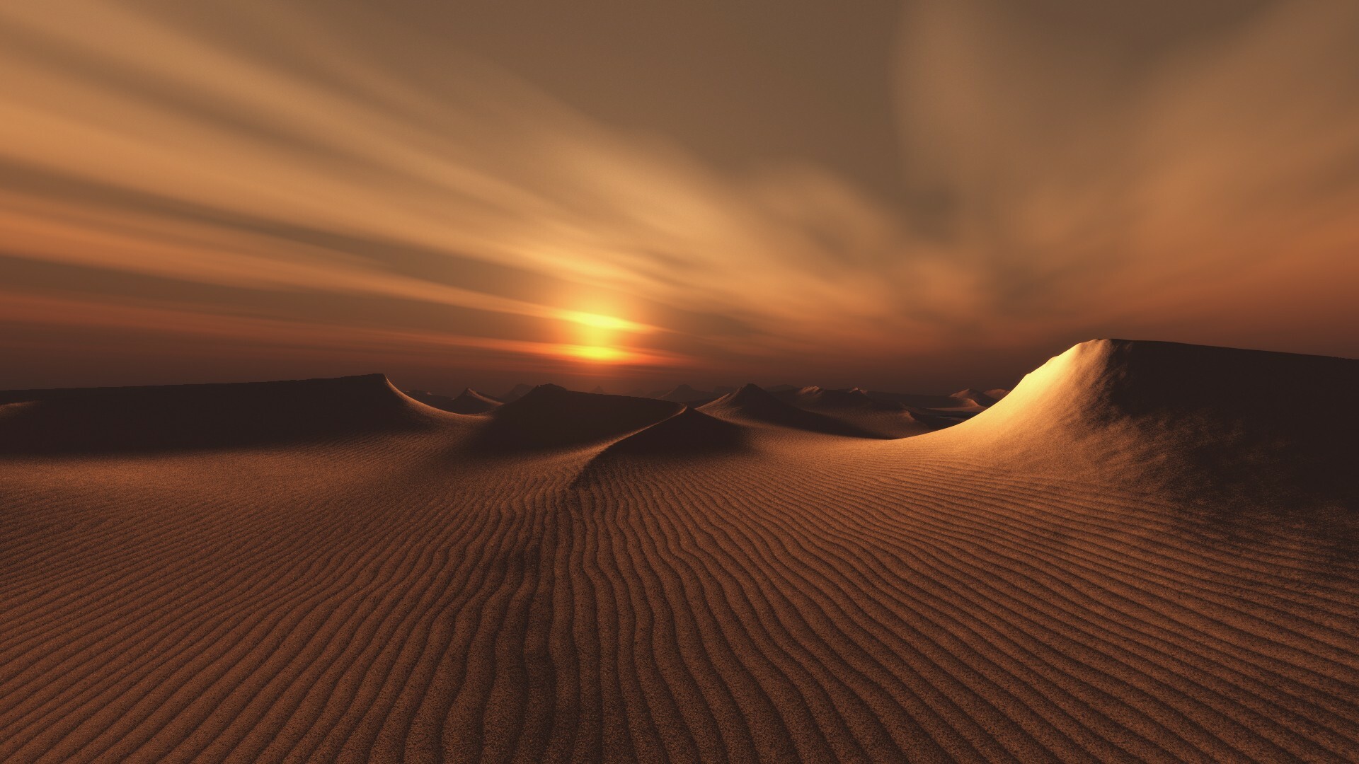 Rippled sand dunes, Desert sunset horizon, Streaked amber sky Rippled sand dunes, Desert sunset horizon, Streaked amber sky — 1920×1080 HD wallpaper