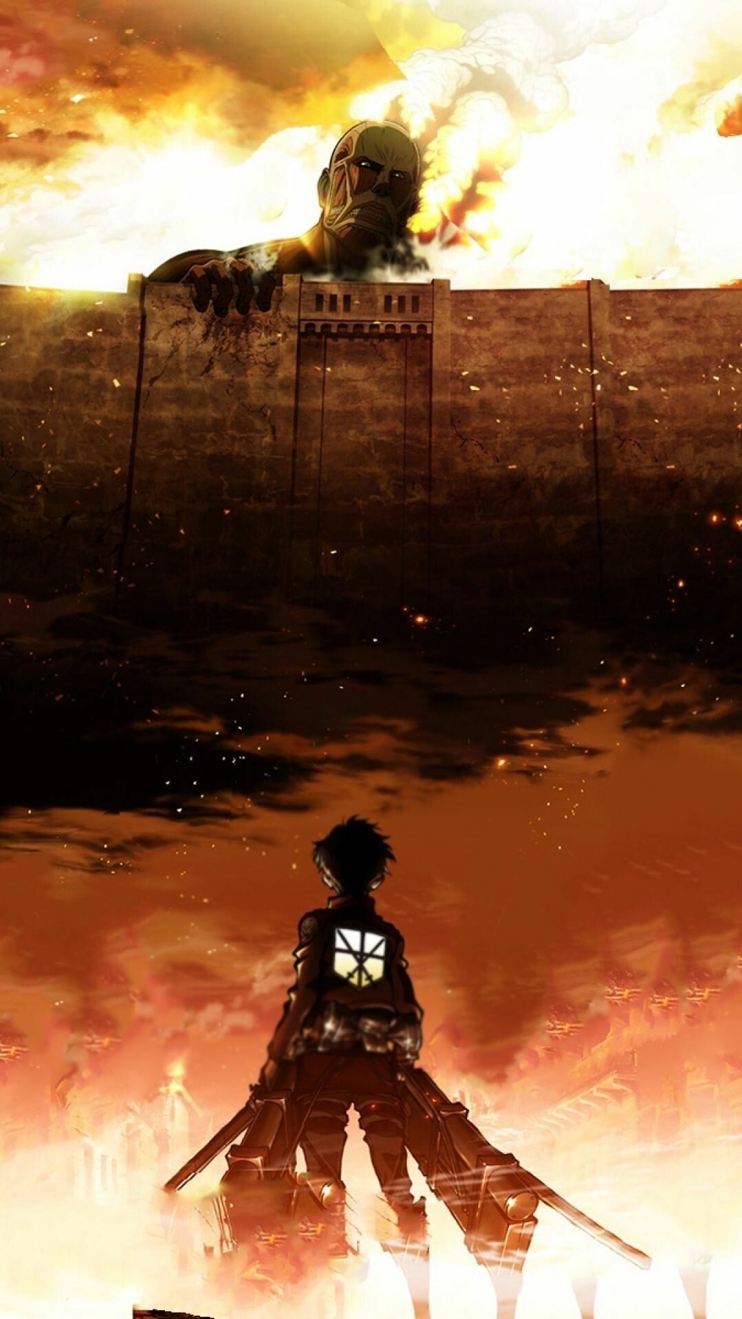 Colossal Titan breaching wall, Eren Yeager cadet, Burning Shiganshina Colossal Titan breaching wall, Eren Yeager cadet, Burning Shiganshina — 1080×1920 HD wallpaper