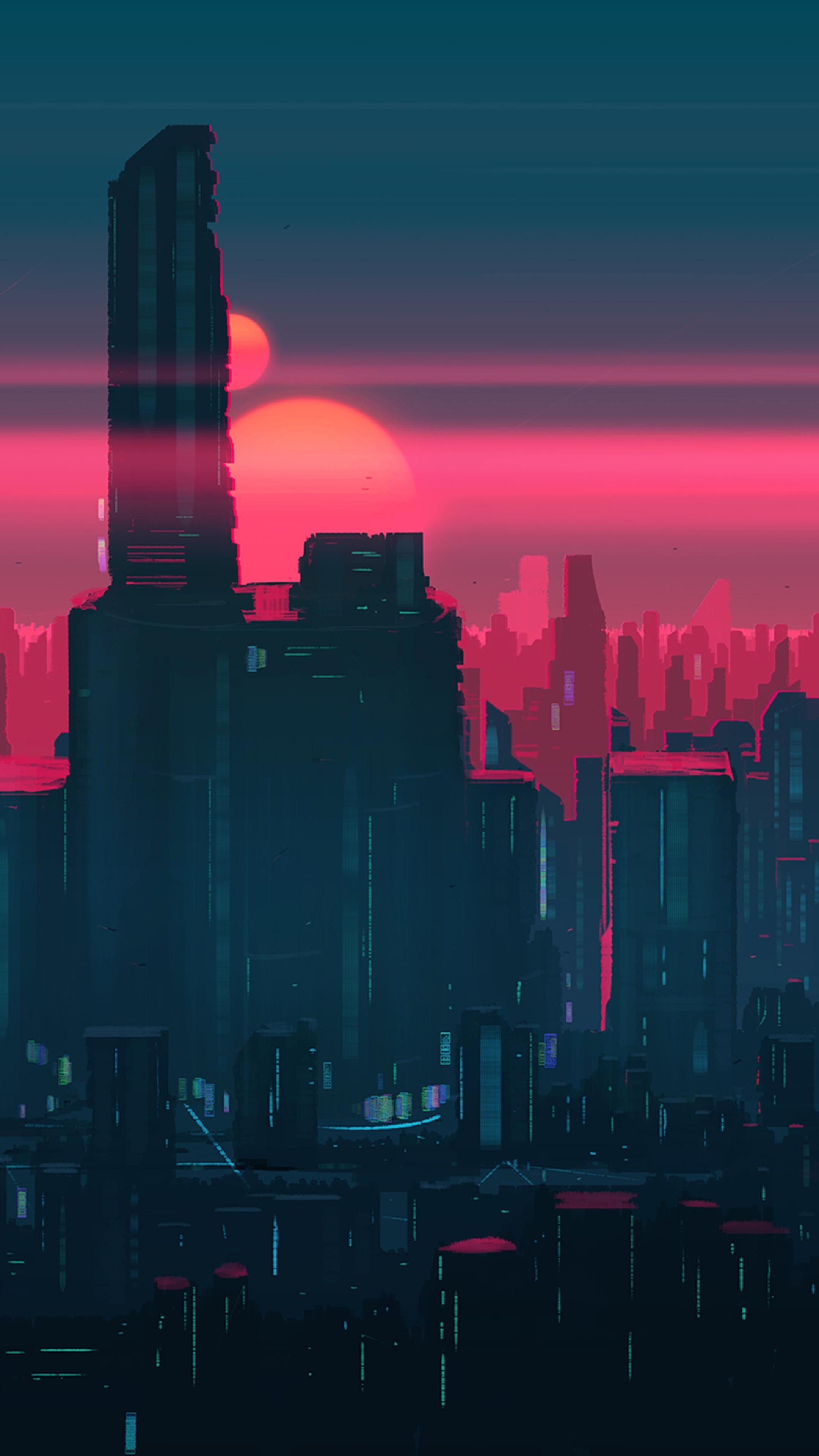 Bangkok skyline silhouette, Synthwave twin suns sunset, Pixel art skyscrapers Bangkok skyline silhouette, Synthwave twin suns sunset, Pixel art skyscrapers — 2160×3840 HD wallpaper