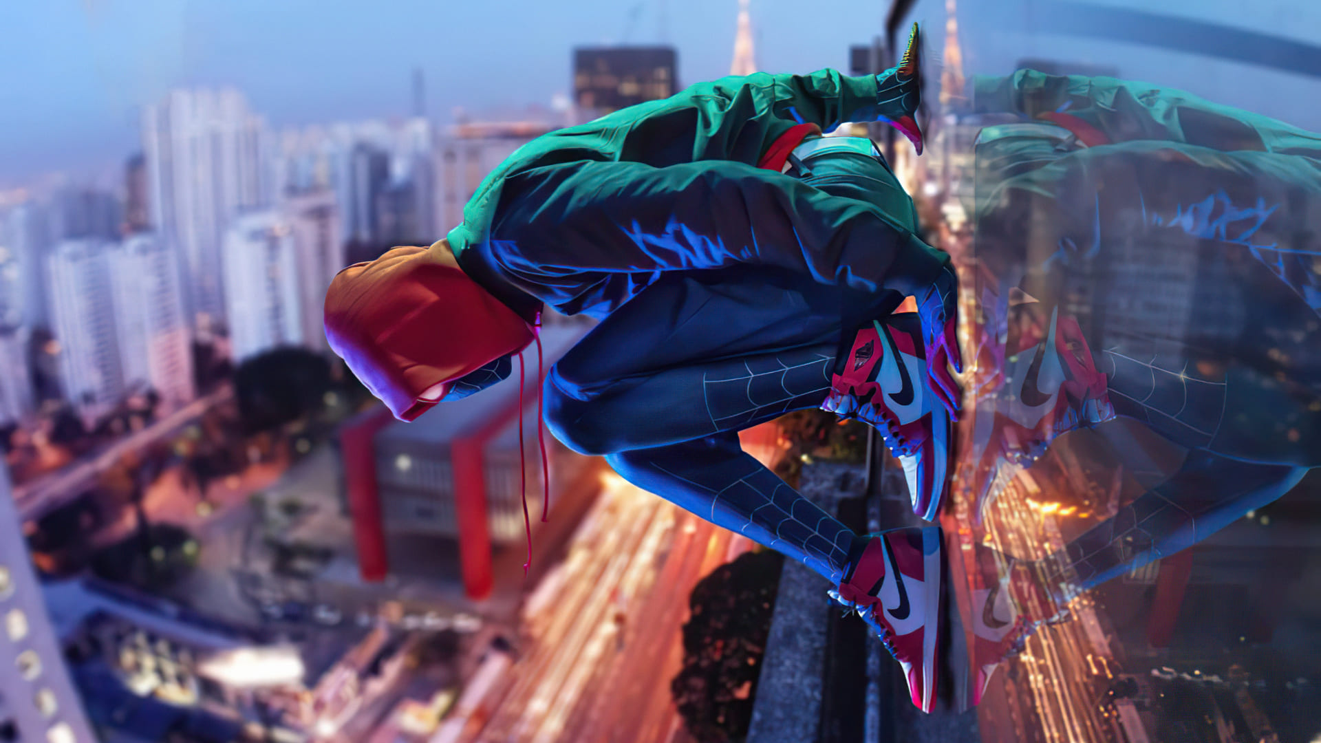 Miles Morales, Spider-Verse animation, Air Jordan ledge crouch Miles Morales, Spider-Verse animation, Air Jordan ledge crouch — 1920×1080 HD wallpaper