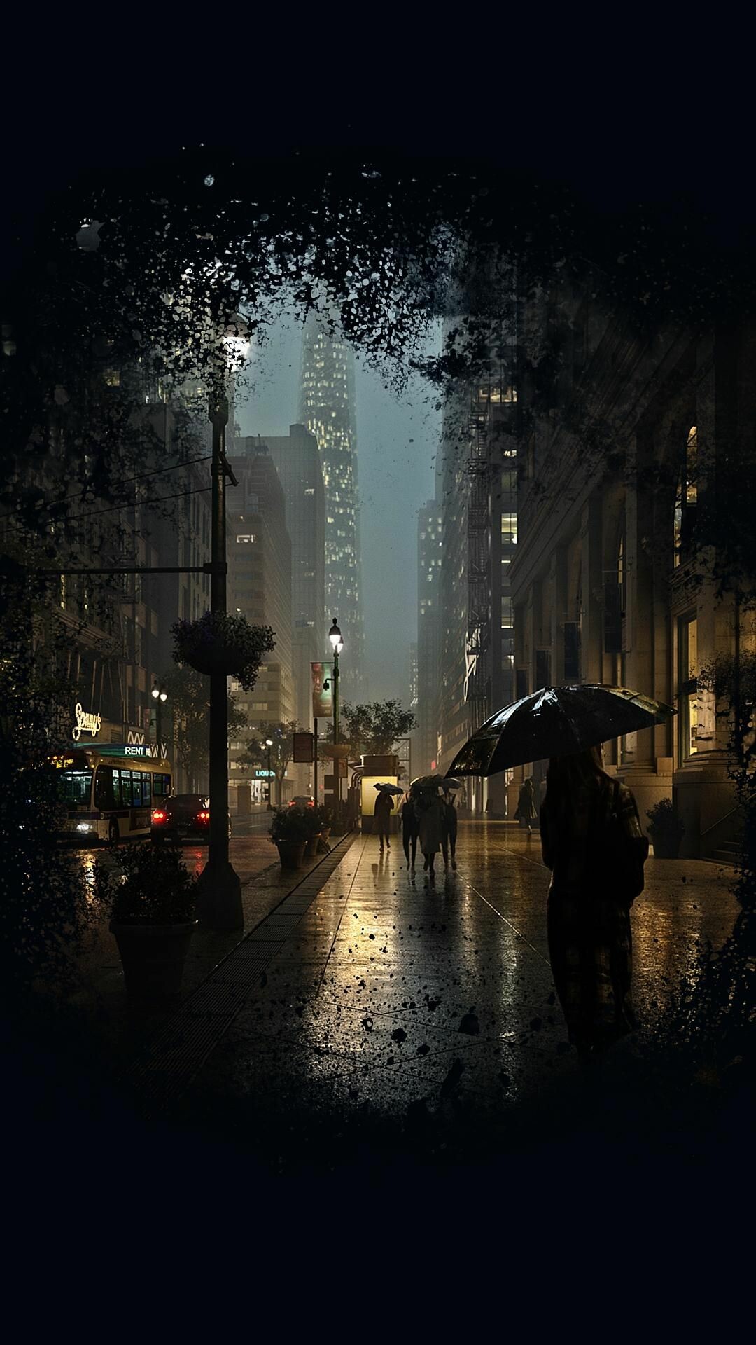 Person with umbrella, Rainy city street, Lit street lamps Person with umbrella, Rainy city street, Lit street lamps — 1080×1920 HD wallpaper