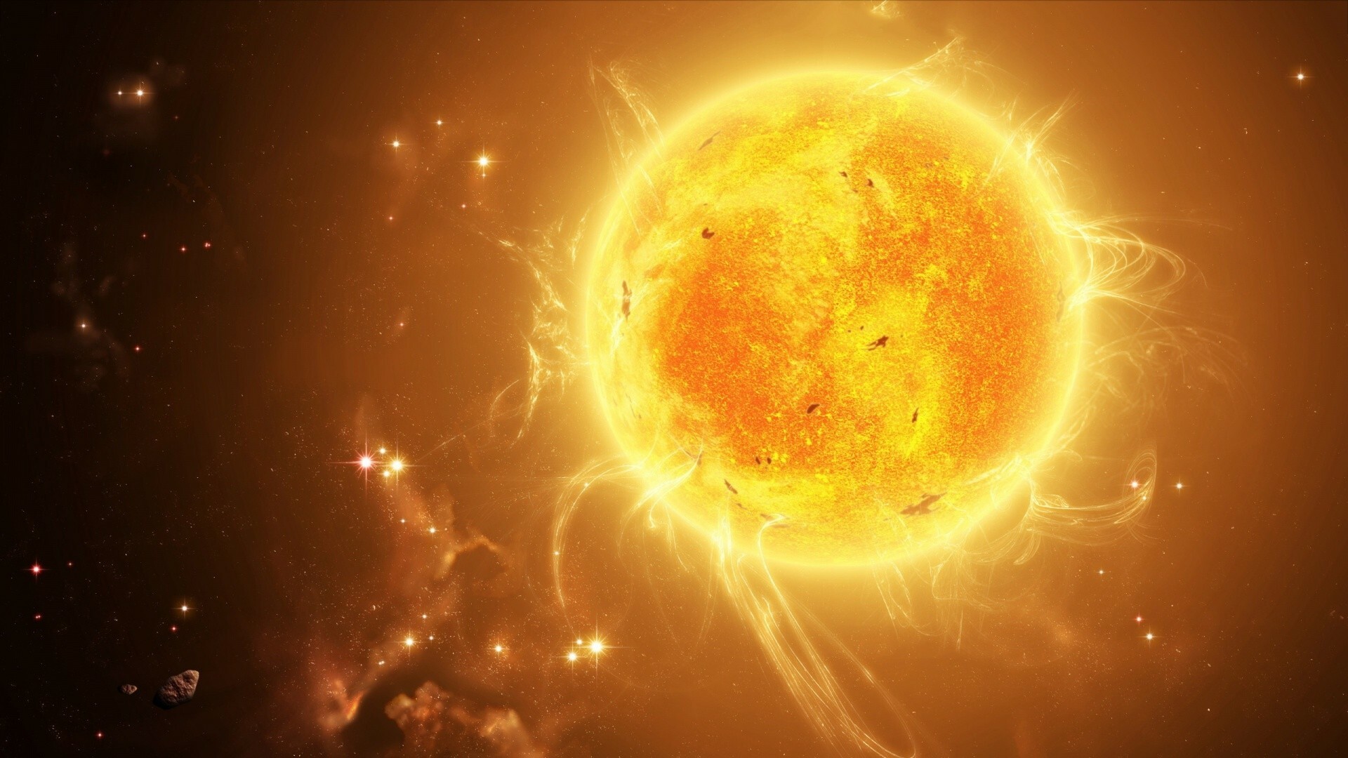 Blazing sun with solar flares, Starfield and nebula clouds, Drifting asteroid rock Blazing sun with solar flares, Starfield and nebula clouds, Drifting asteroid rock — 1920×1080 HD wallpaper