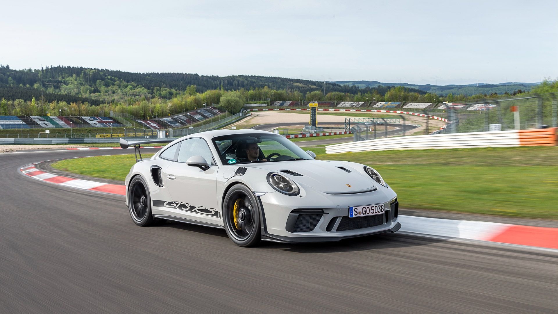 Chalk grey GT3 RS, Nurburgring corner, Yellow brake calipers Chalk grey GT3 RS, Nurburgring corner, Yellow brake calipers — 1920×1080 HD wallpaper