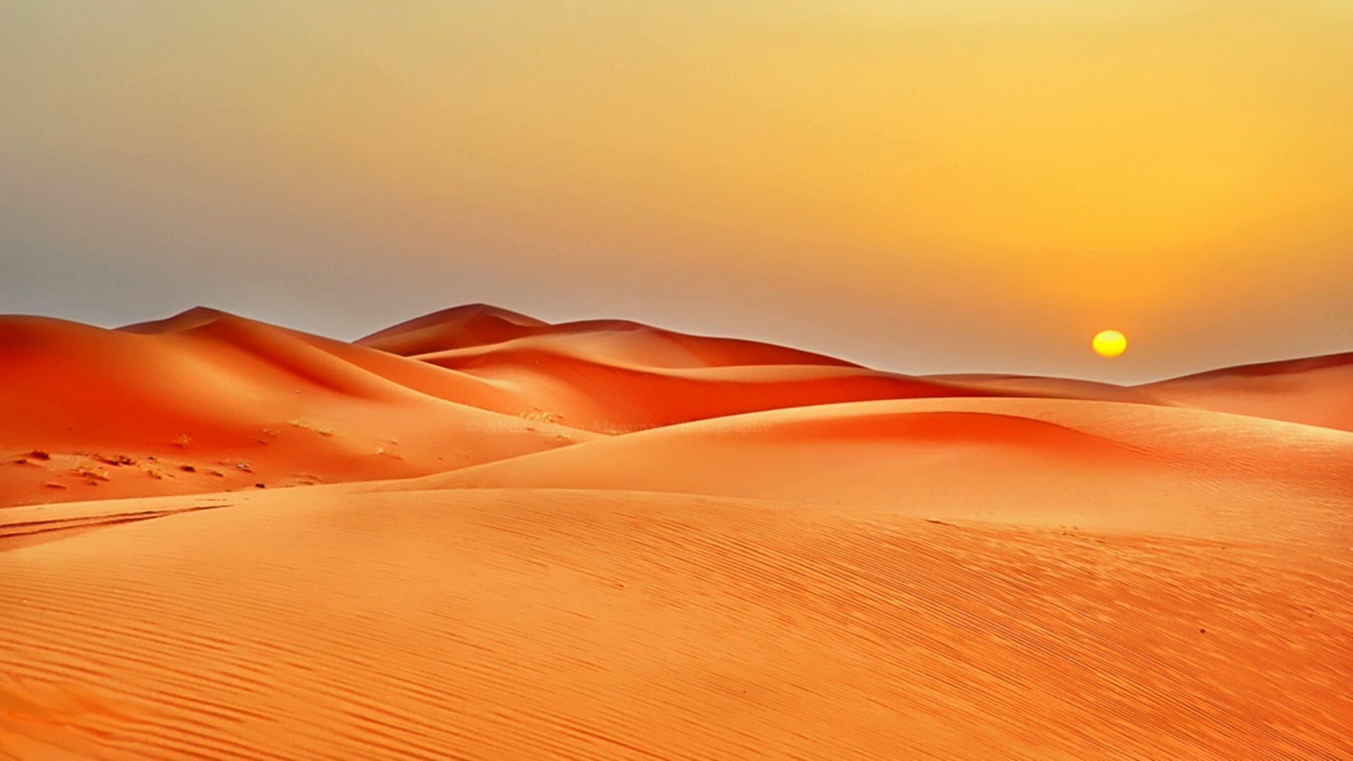 Rolling sand dunes, Setting sun horizon, Orange desert sky Rolling sand dunes, Setting sun horizon, Orange desert sky — 1920×1080 HD wallpaper