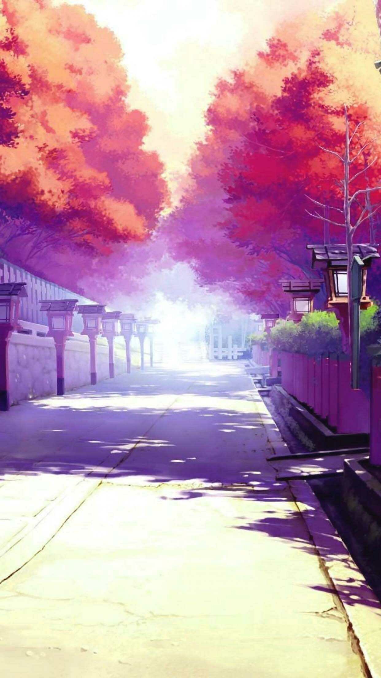 Anime shrine street, Stone lantern path, Autumn tree canopy Anime shrine street, Stone lantern path, Autumn tree canopy — 1242×2208 HD wallpaper